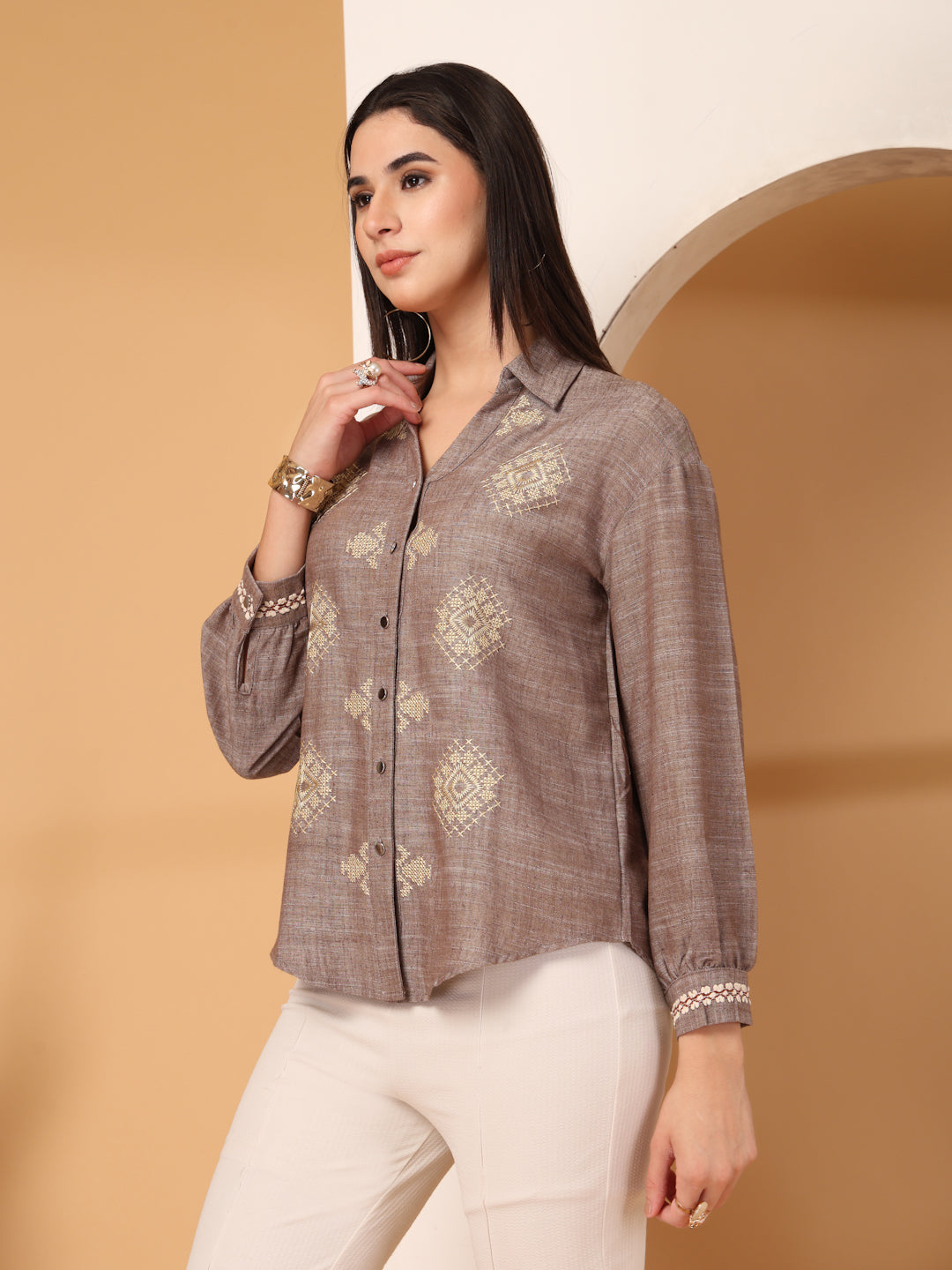 Thirty Threads Womens Blue Ethnic Motifs Collar Neck Long Sleeve Regular Length Shirt