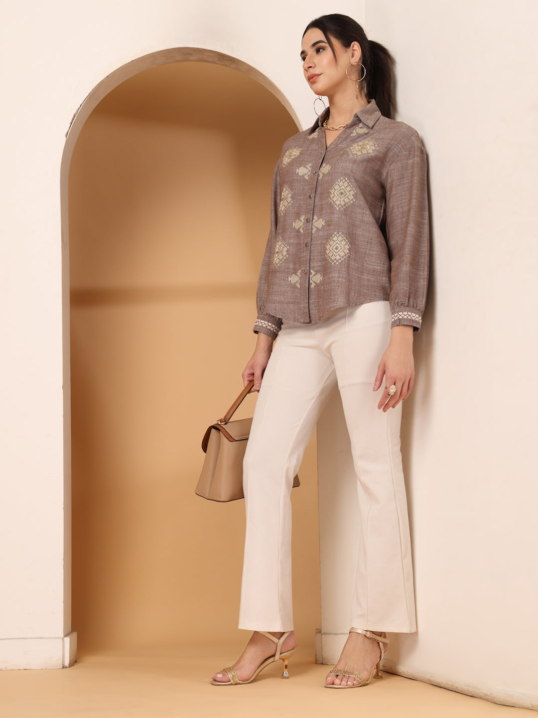 Thirty Threads Womens Blue Ethnic Motifs Collar Neck Long Sleeve Regular Length Shirt