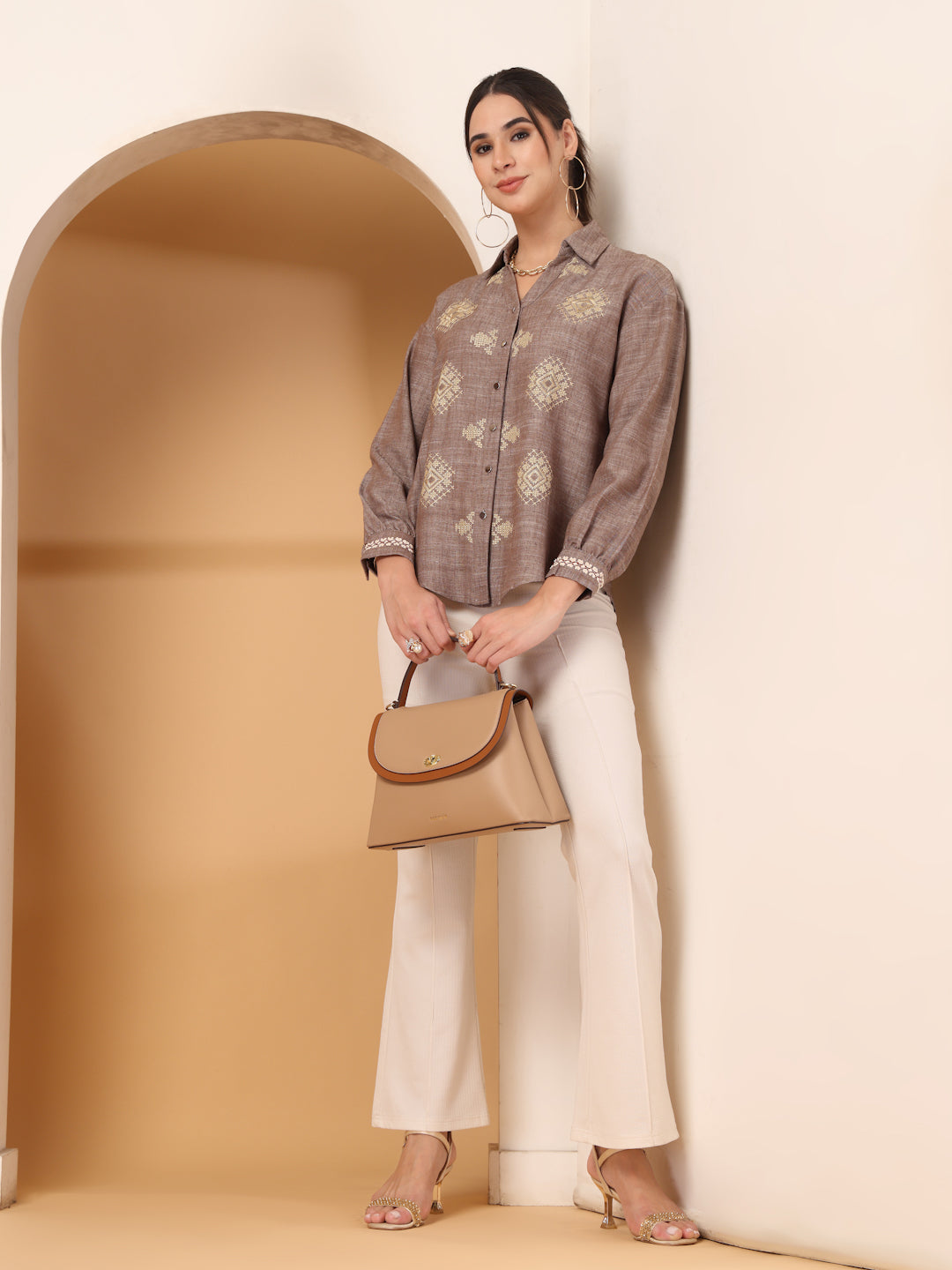 Thirty Threads Womens Blue Ethnic Motifs Collar Neck Long Sleeve Regular Length Shirt