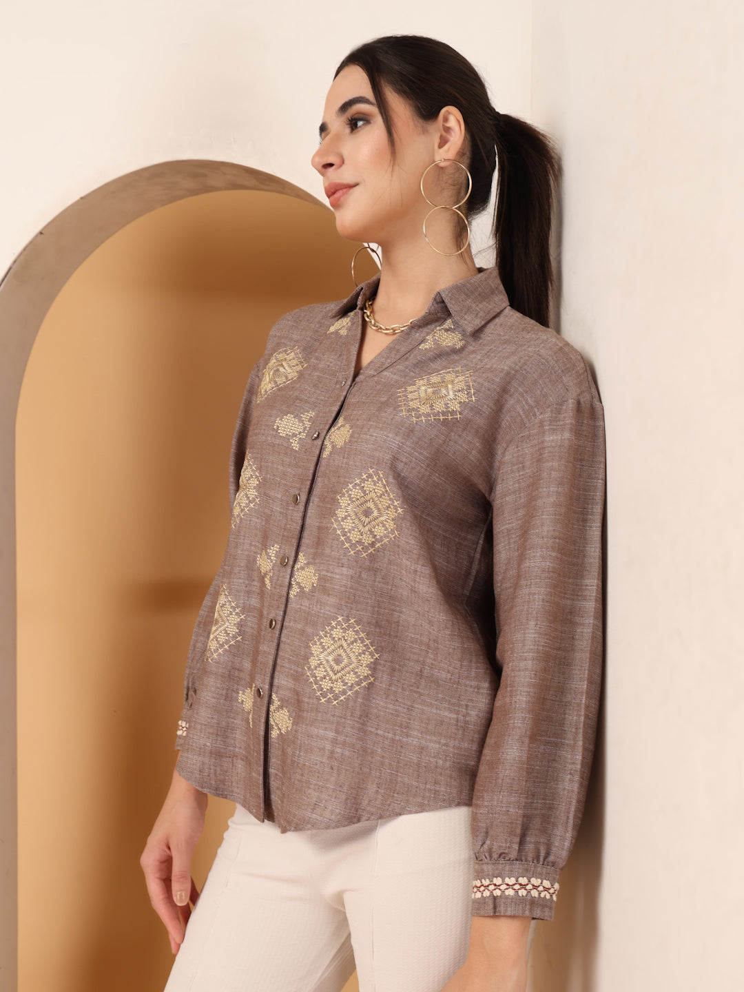 Thirty Threads Womens Brown Ethnic Motifs Collar Neck Long Sleeve Regular Length Shirt