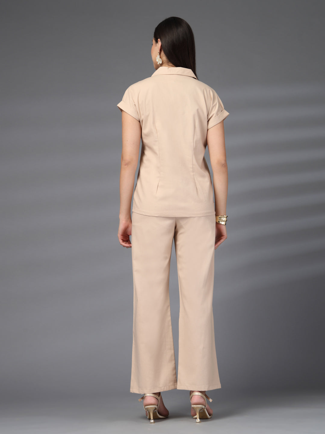 Thirty Threads Womens Beige Embroidered Lepal Neck Regular Co-Ord Set