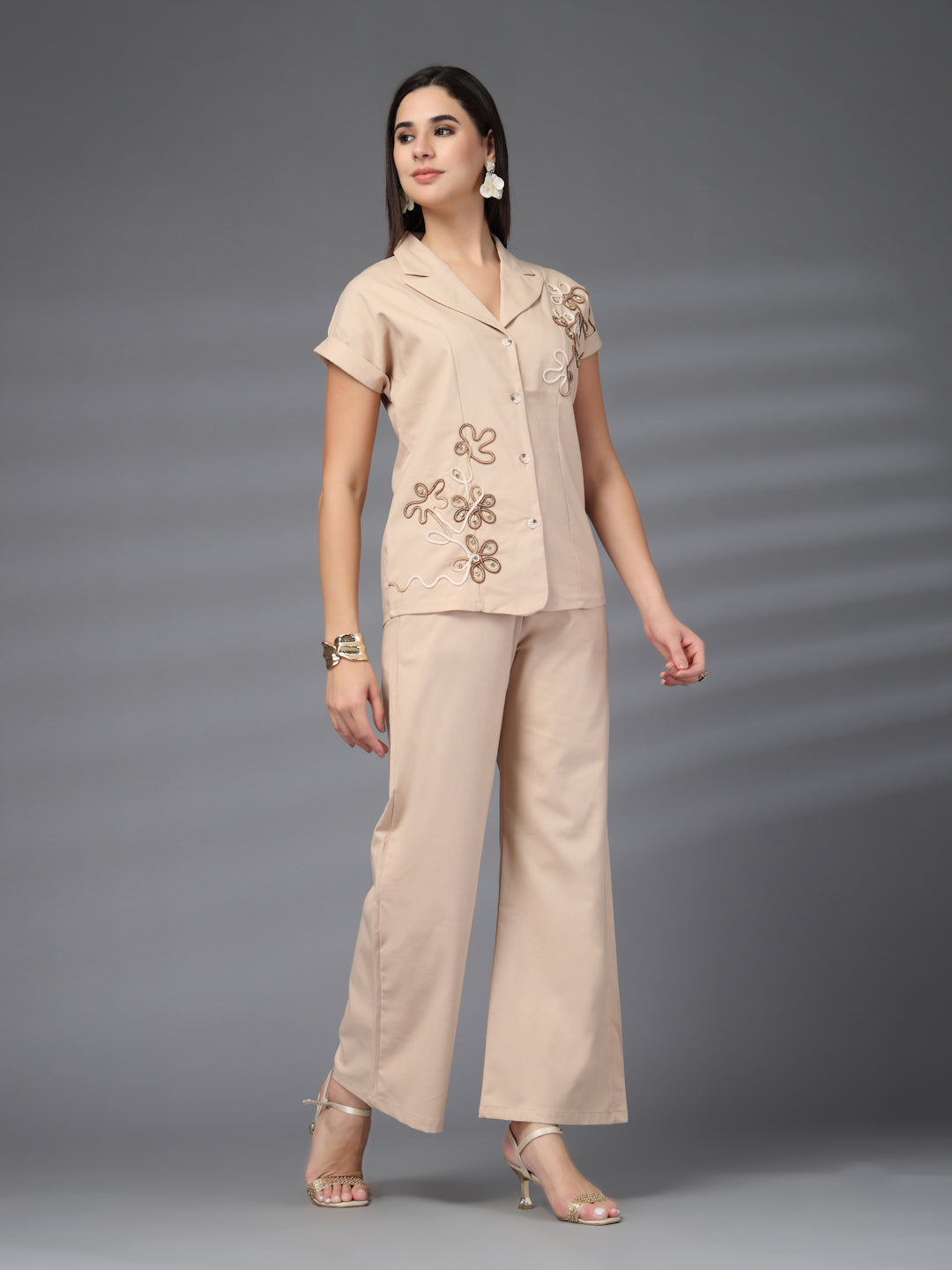 Thirty Threads Womens Beige Embroidered Lepal Neck Regular Co-Ord Set