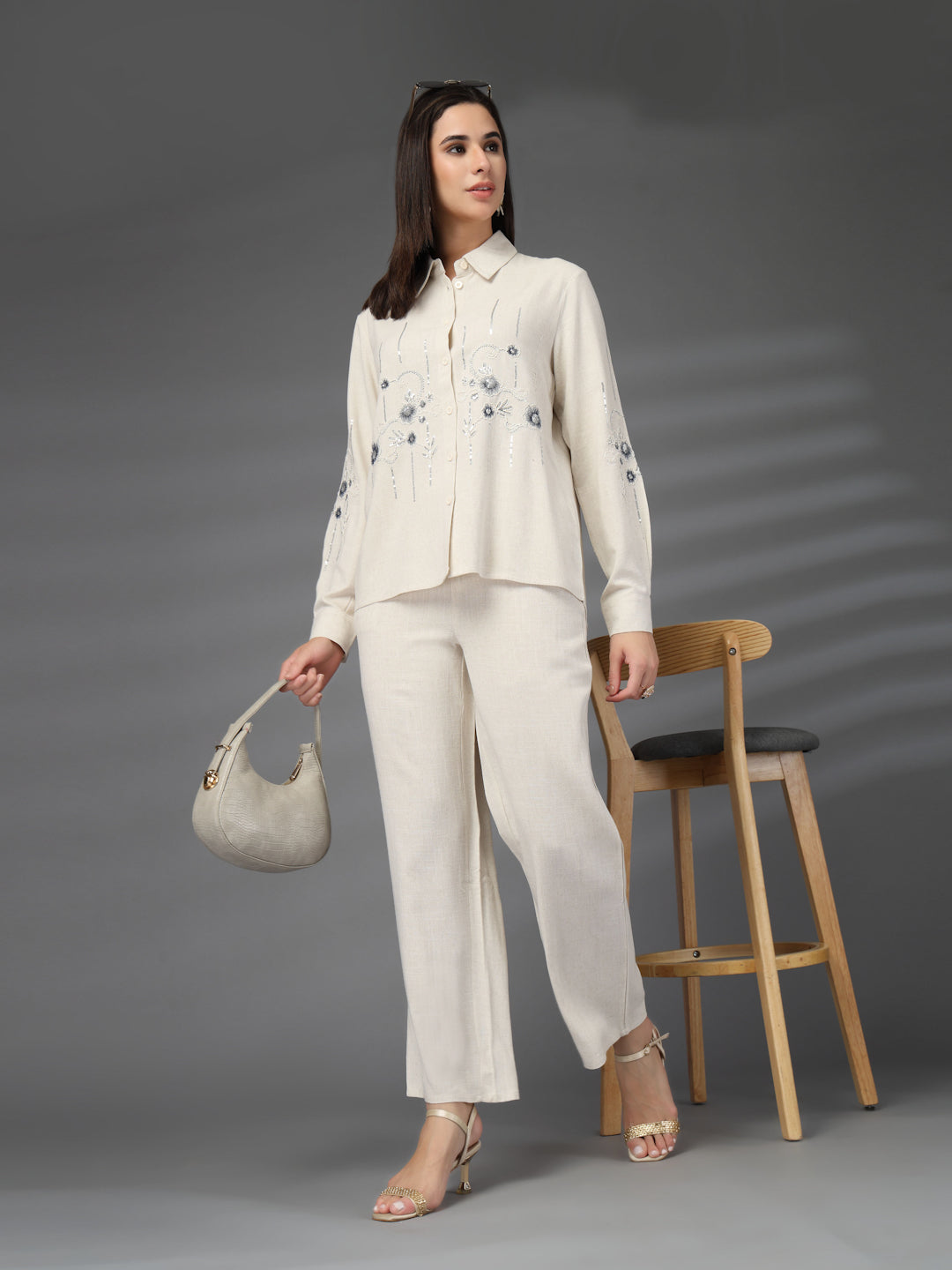 Thirty Threads Womens Beige Emboirered Collar Neck Long Sleeve Regular Length
