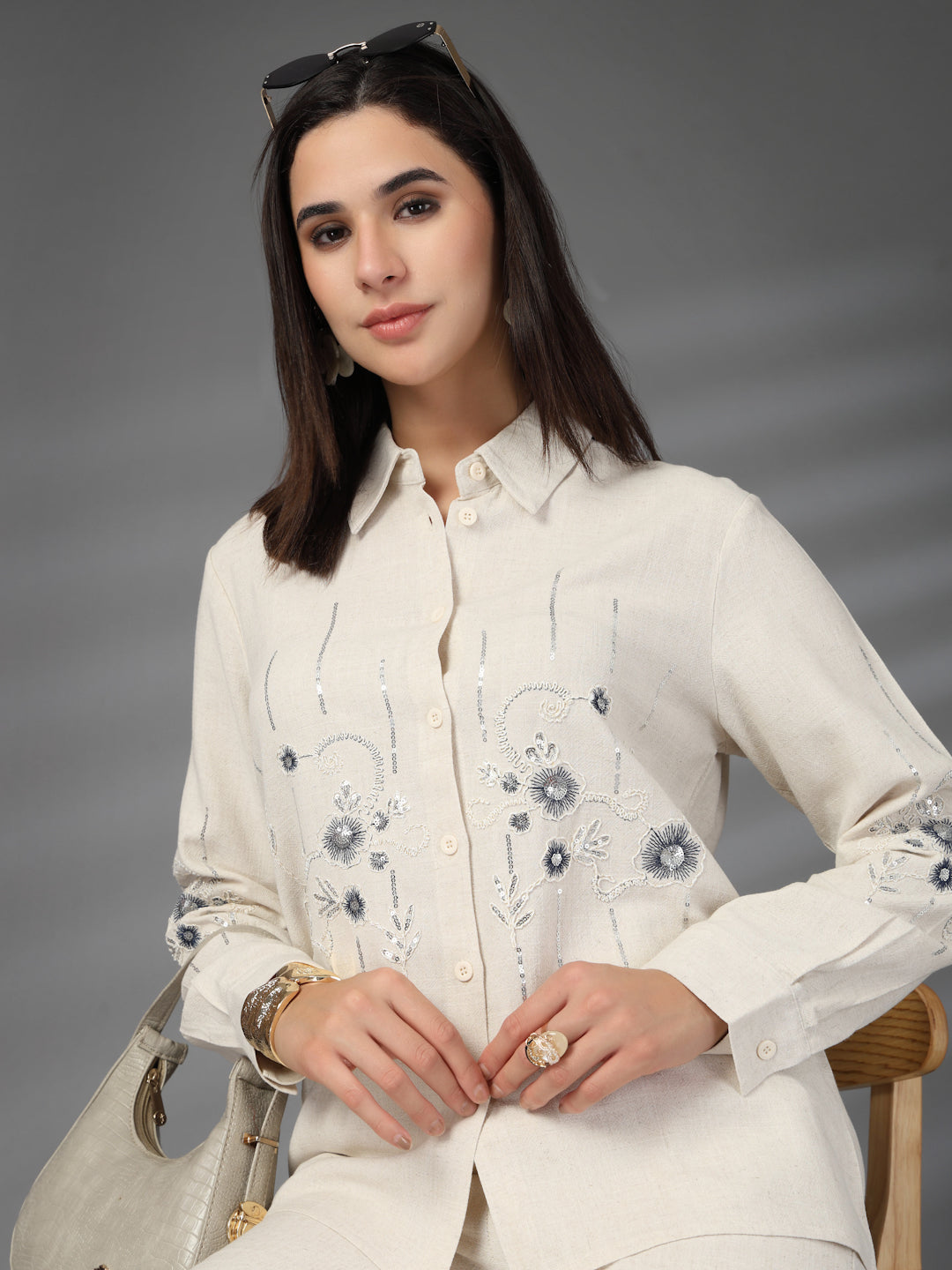 Thirty Threads Womens Beige Emboirered Collar Neck Long Sleeve Regular Length