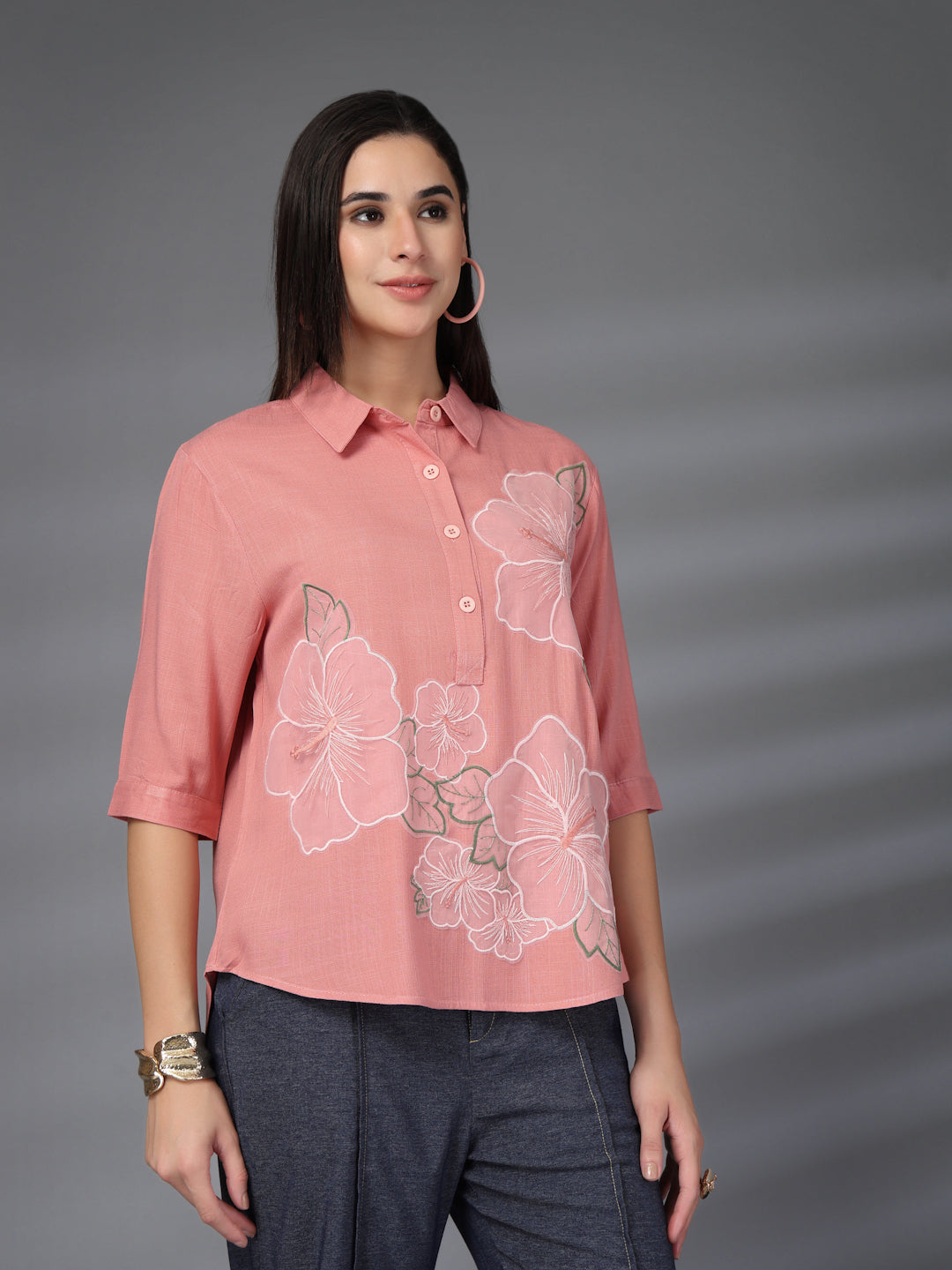 Thirty Threads Womens Peach Self Design Collar Neck 3/4 Sleeve Regular Length Shirt