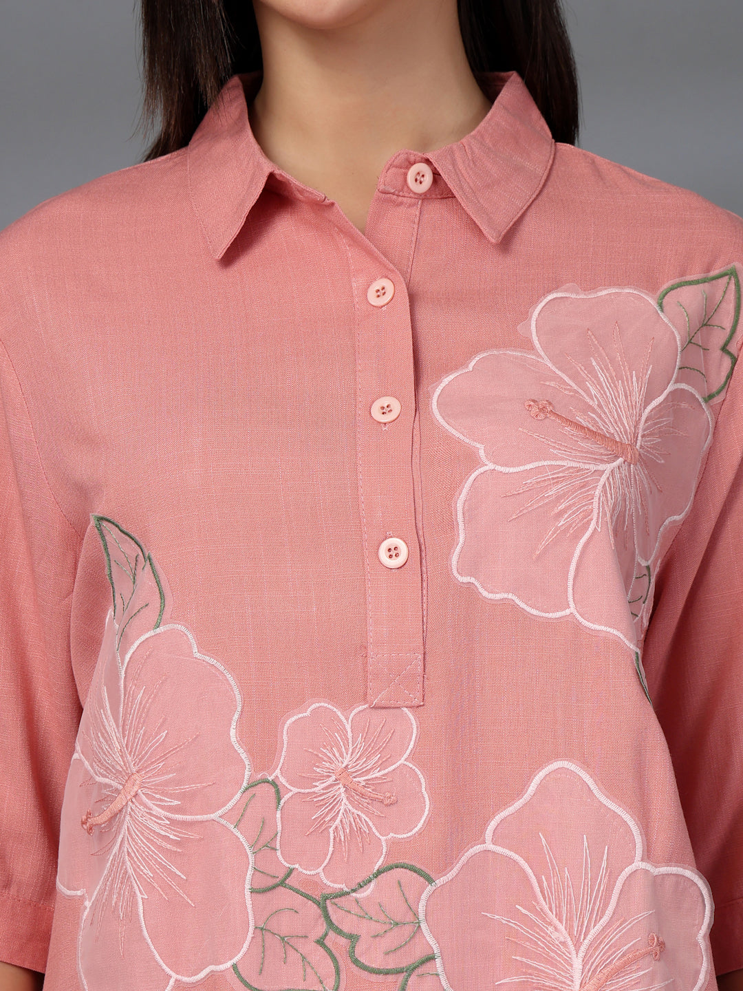 Thirty Threads Womens Peach Self Design Collar Neck 3/4 Sleeve Regular Length Shirt