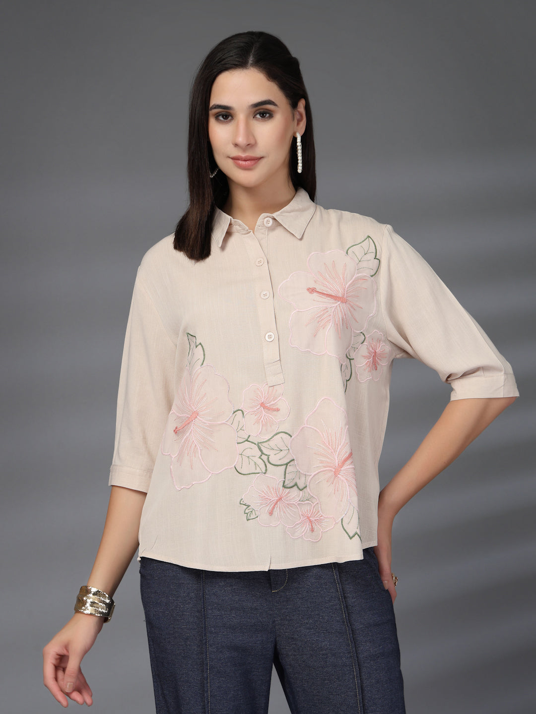 Thirty Threads Womens Peach Self Design Collar Neck 3/4 Sleeve Regular Length Shirt