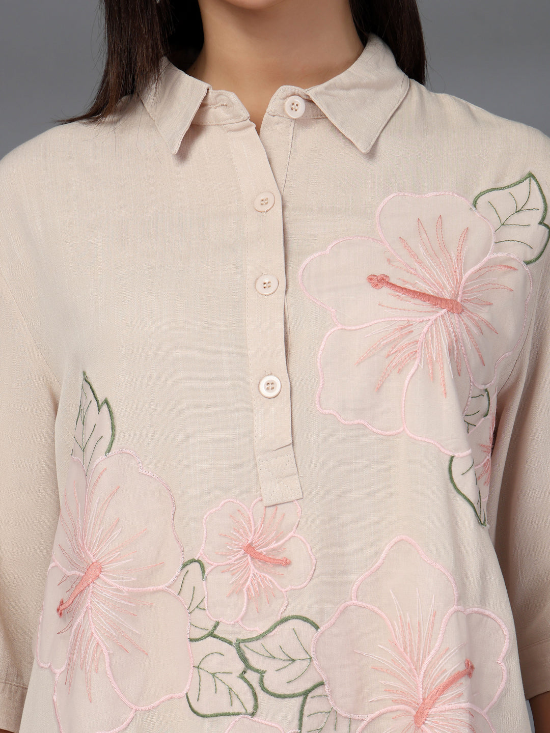 Thirty Threads Womens Beige Self Design Collar Neck 3/4 Sleeve Regular Length Shirt