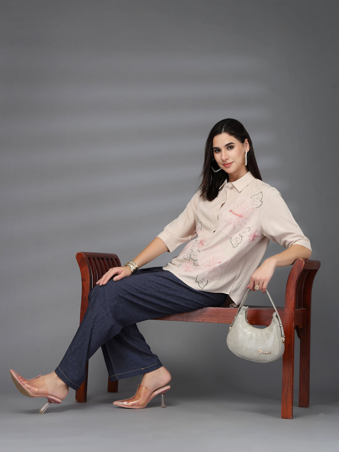 Thirty Threads Womens Beige Self Design Collar Neck 3/4 Sleeve Regular Length Shirt