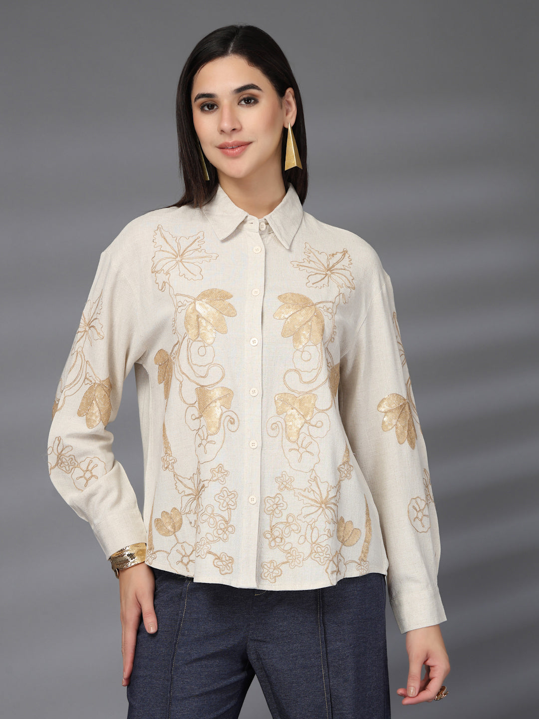 Thirty Threads Womens Beige Embellished Collar Neck Long Sleeve Regular Length