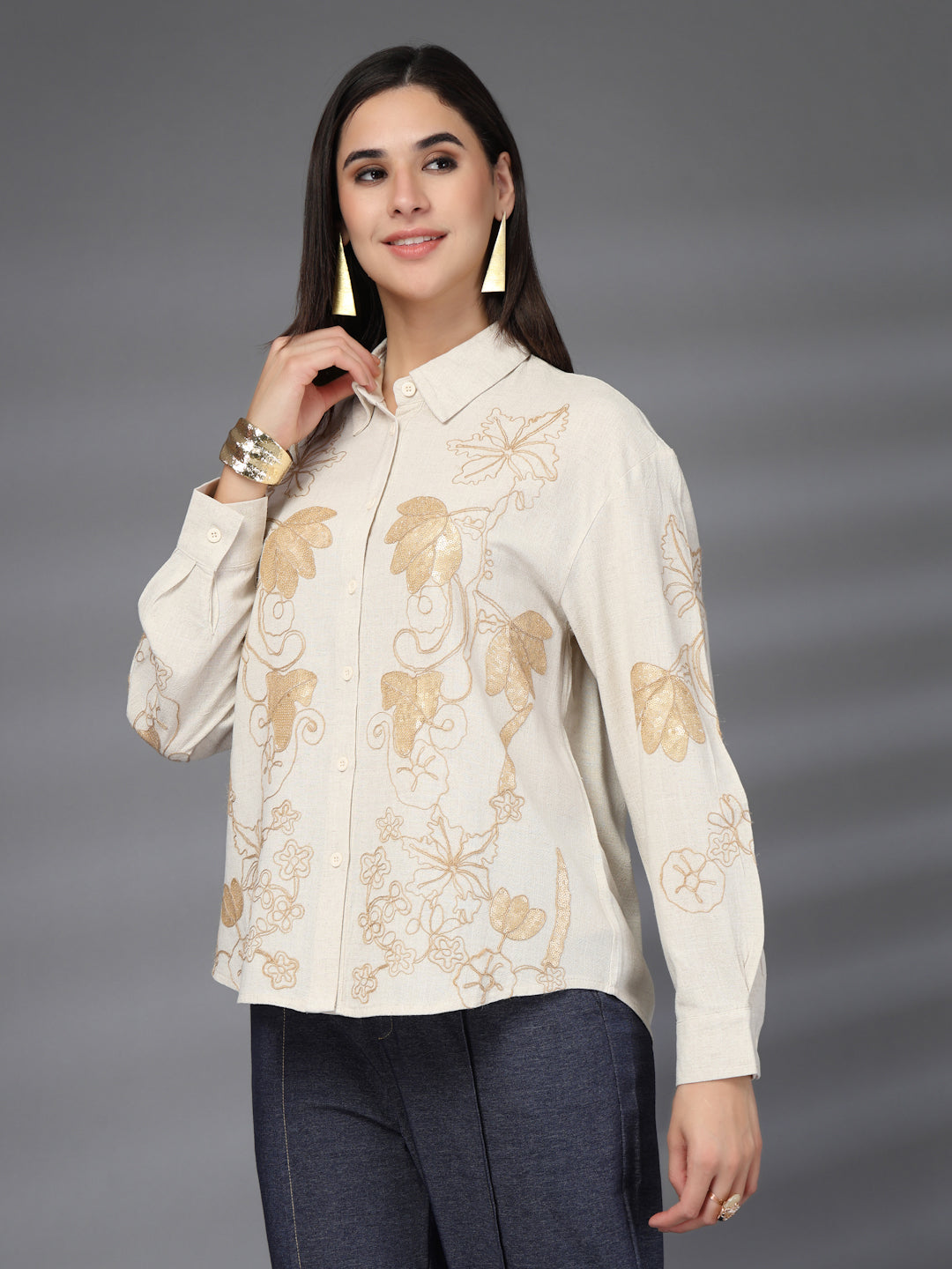 Thirty Threads Womens Blue Embellished Collar Neck Long Sleeve Regular Length