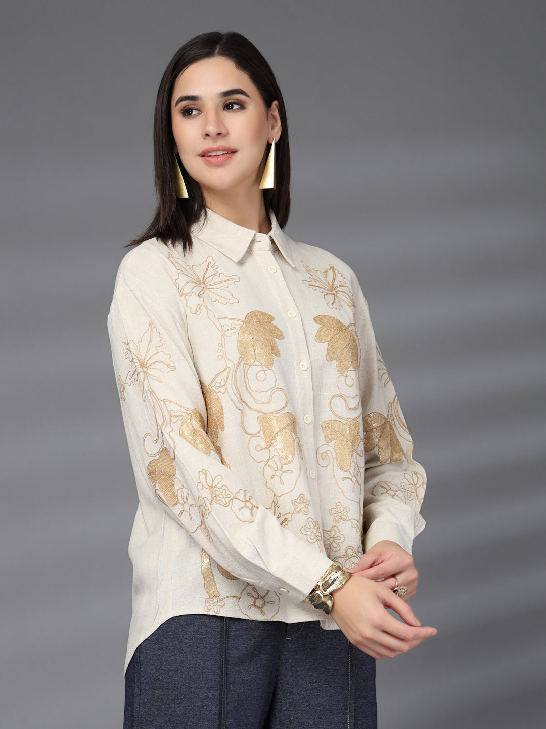 Thirty Threads Womens Blue Embellished Collar Neck Long Sleeve Regular Length