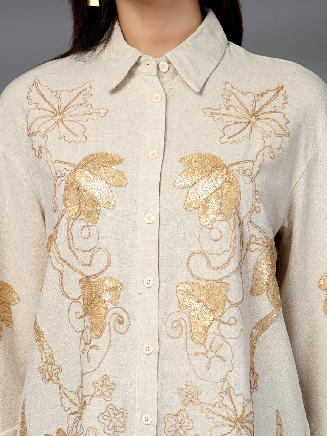 Thirty Threads Womens Beige Embellished Collar Neck Long Sleeve Regular Length