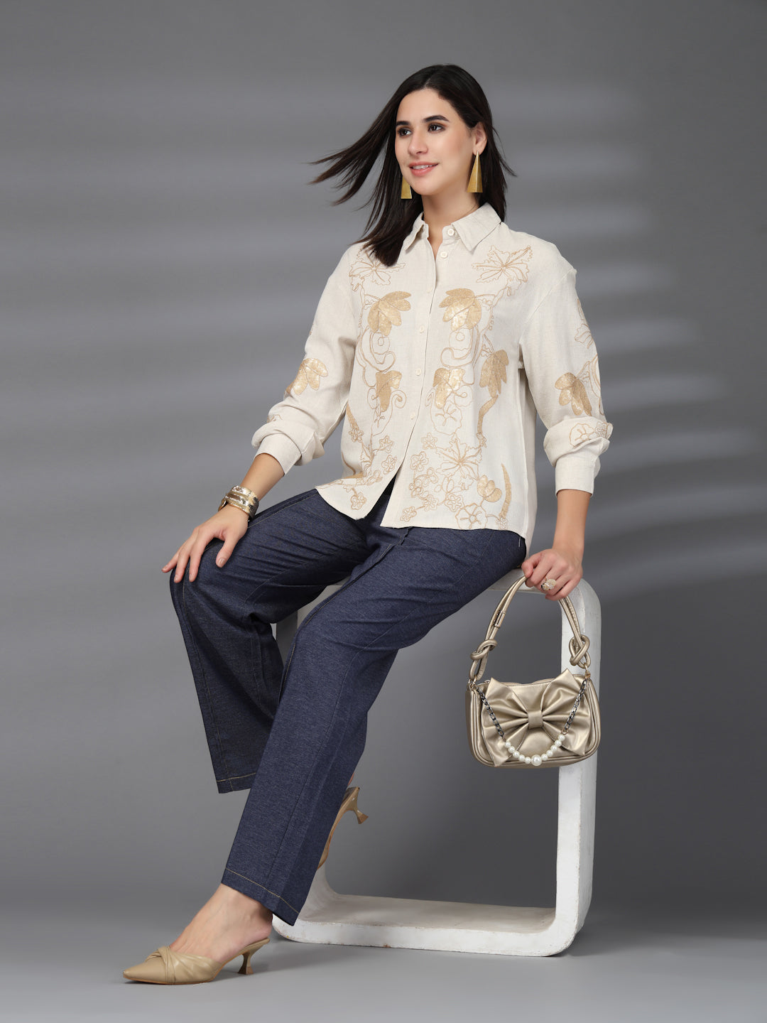Thirty Threads Womens Beige Embellished Collar Neck Long Sleeve Regular Length
