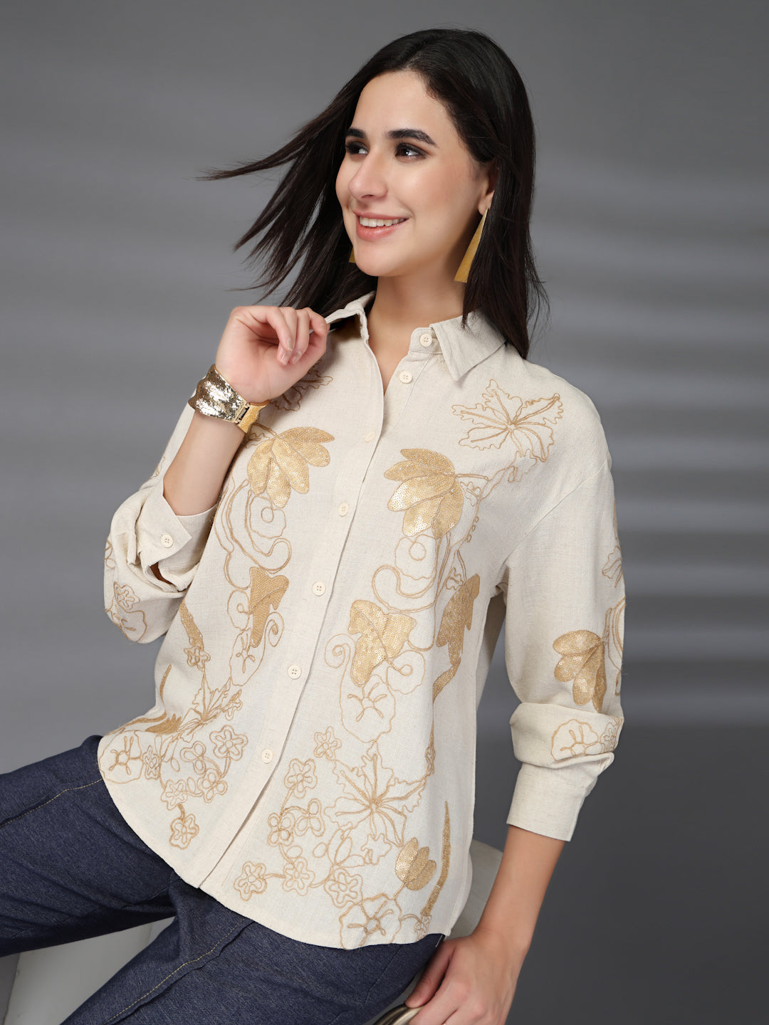 Thirty Threads Womens Beige Embellished Collar Neck Long Sleeve Regular Length
