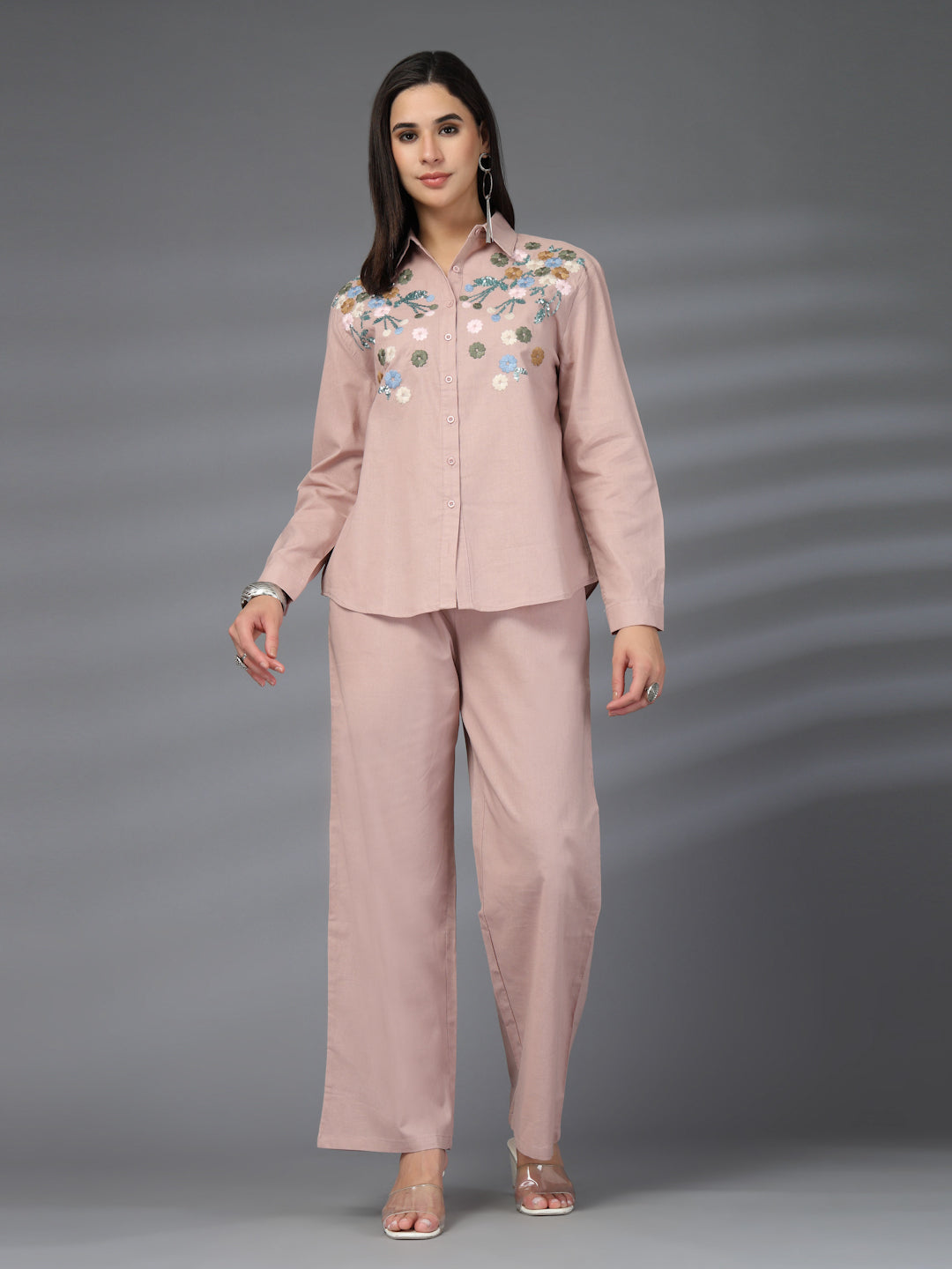 Thirty Threads Womens Brown Embroidered Collar Neck Regular Co-Ord Set