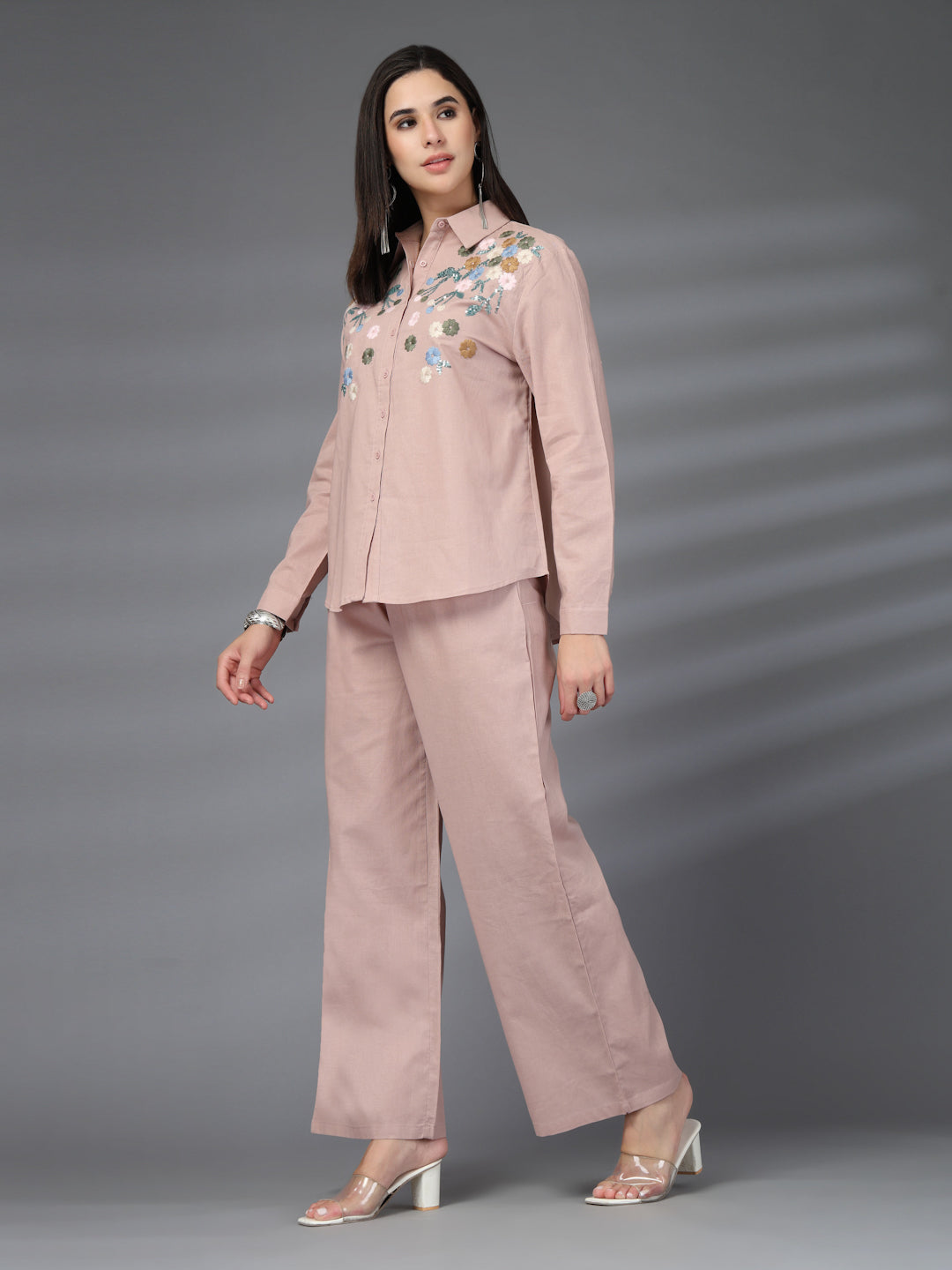 Thirty Threads Womens Pink Embroidered Collar Neck Regular Co-Ord Set
