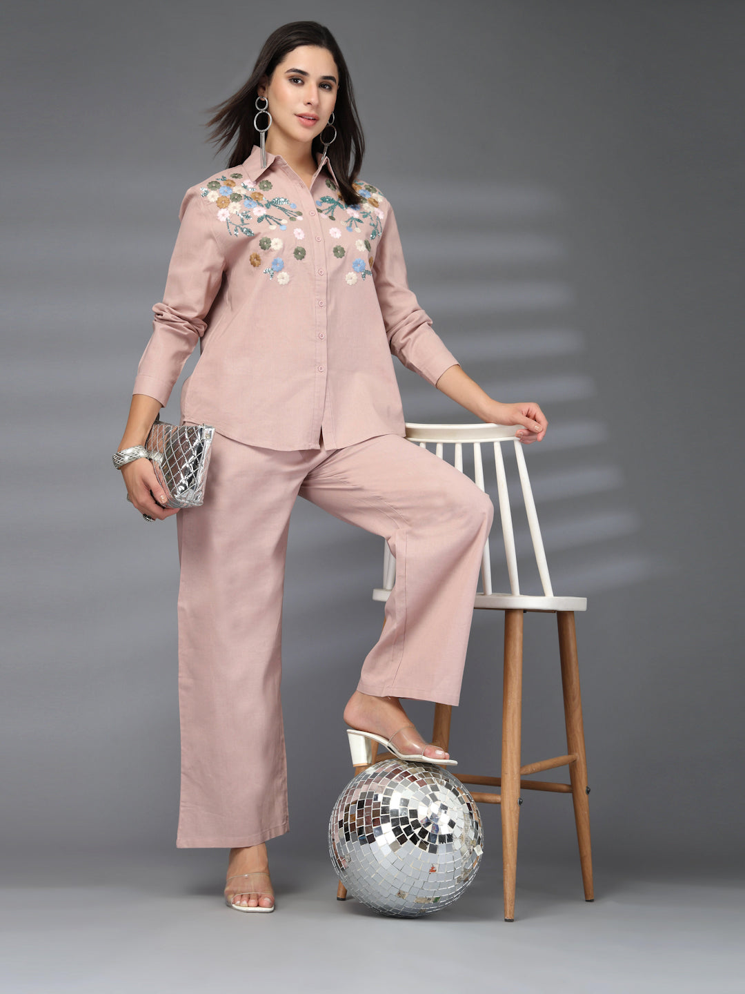 Thirty Threads Womens Pink Embroidered Collar Neck Regular Co-Ord Set