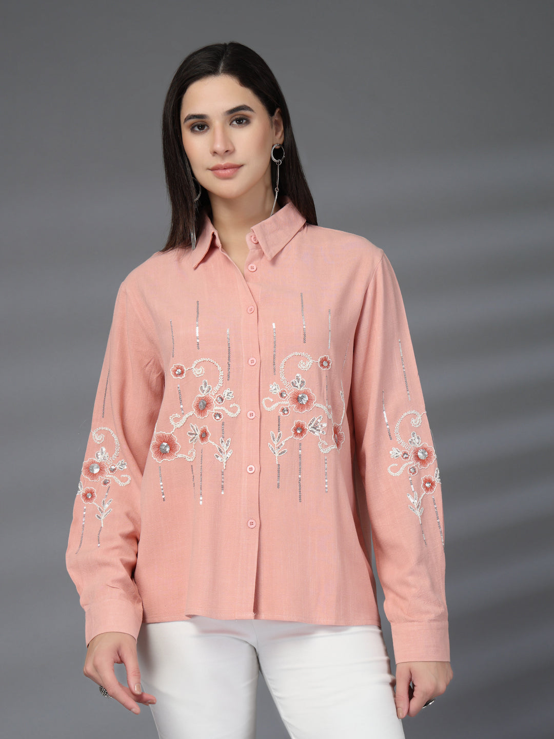 Thirty Threads Womens Pink Emboirered Collar Neck Long Sleeve Regular Length