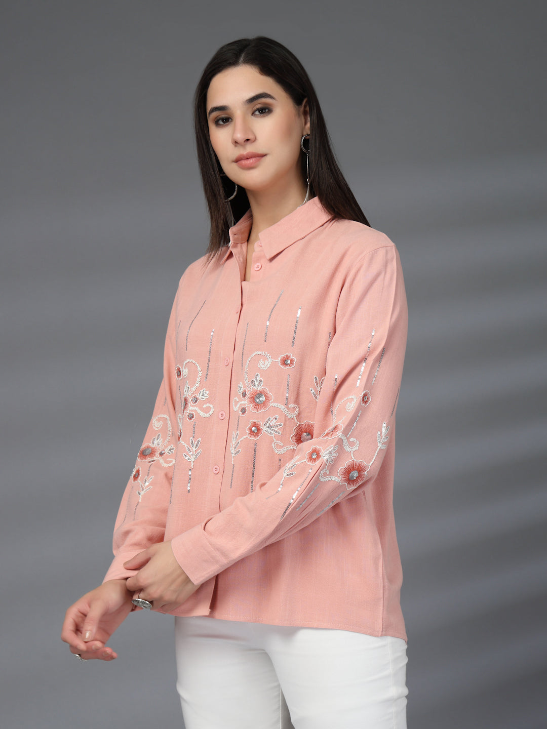 Thirty Threads Womens Beige Emboirered Collar Neck Long Sleeve Regular Length