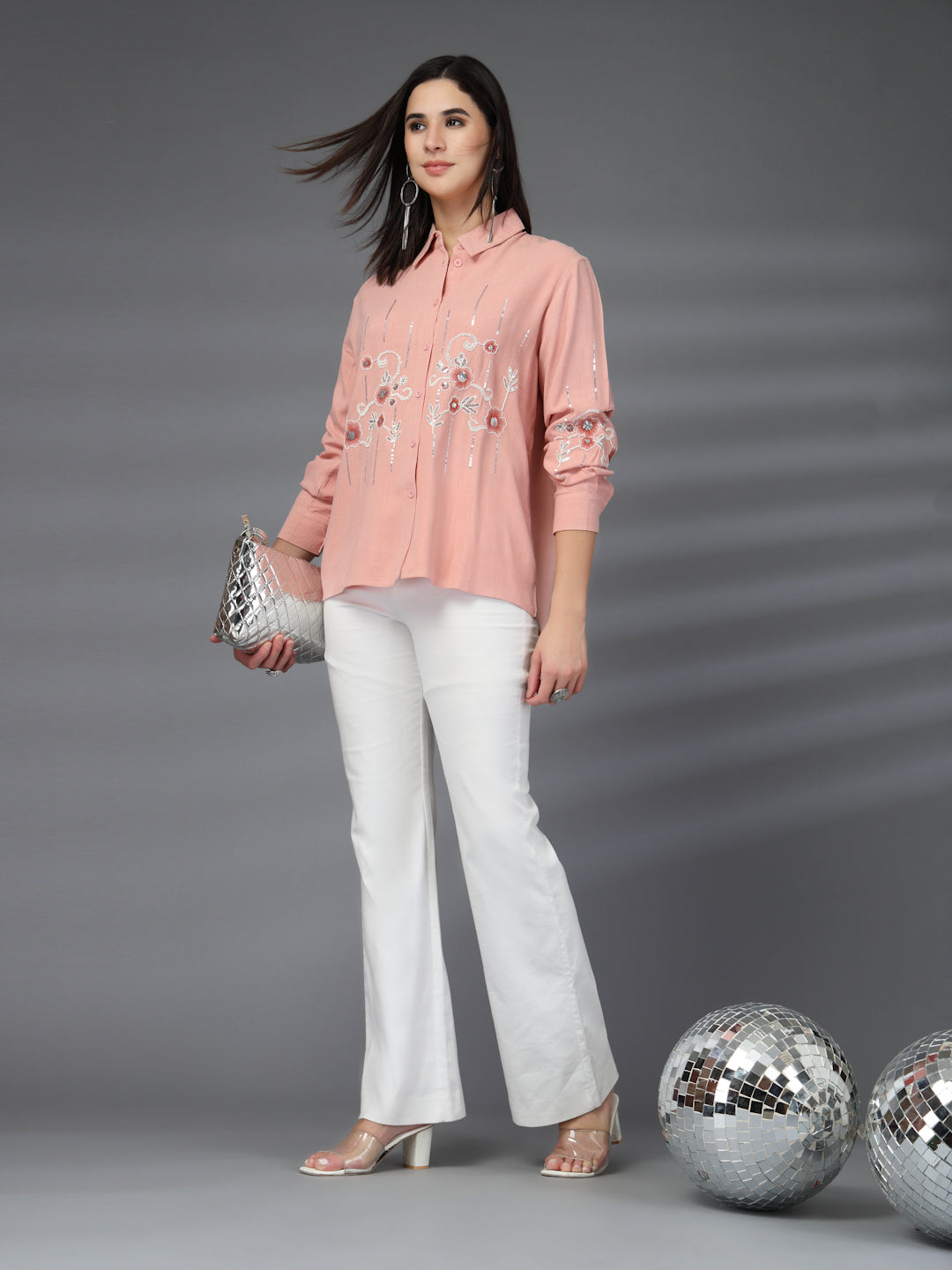 Thirty Threads Womens Pink Emboirered Collar Neck Long Sleeve Regular Length