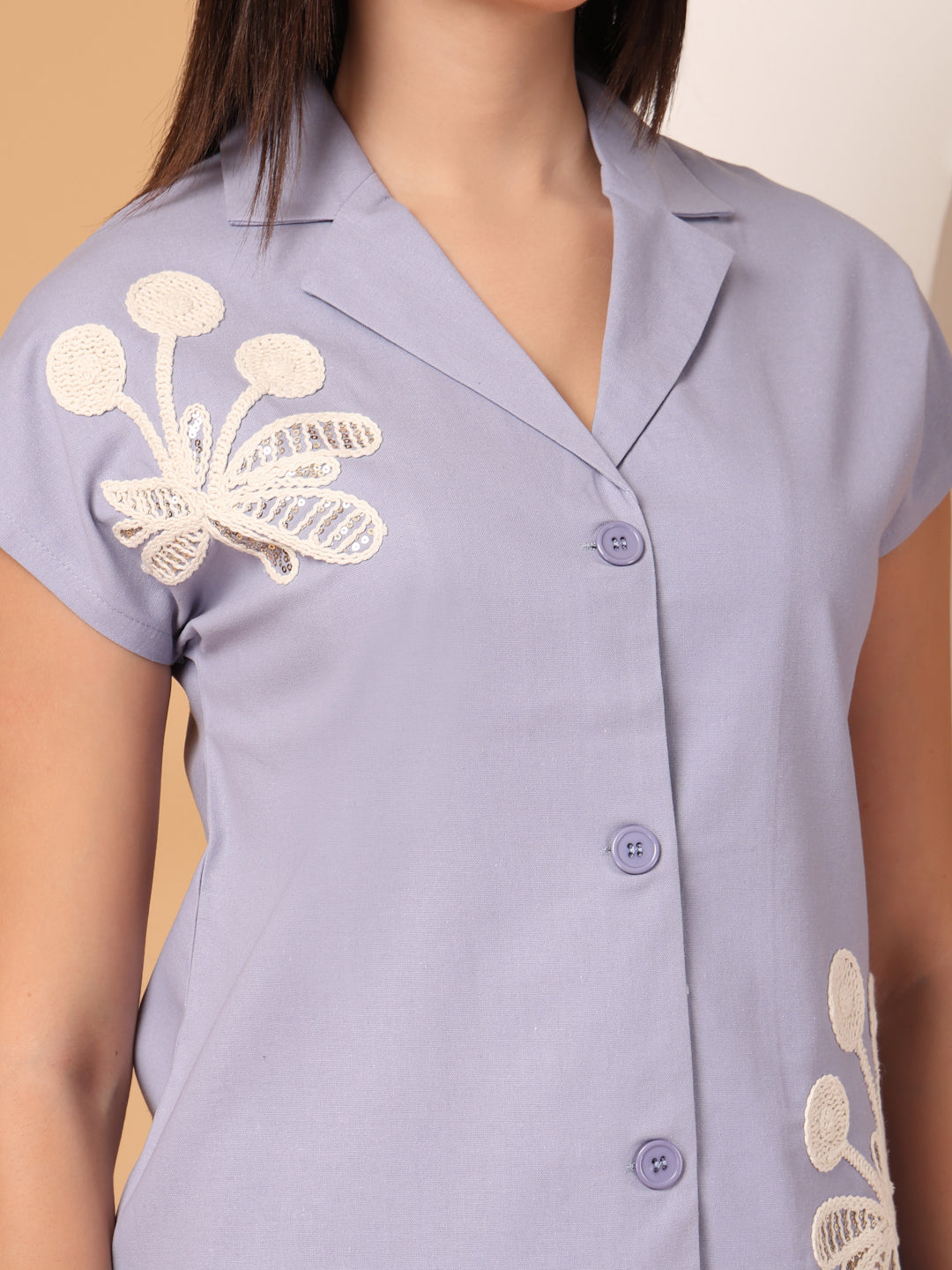 Thirty Threads Womens Peach Embroidered Collar Neck Regular Co-Ord Set