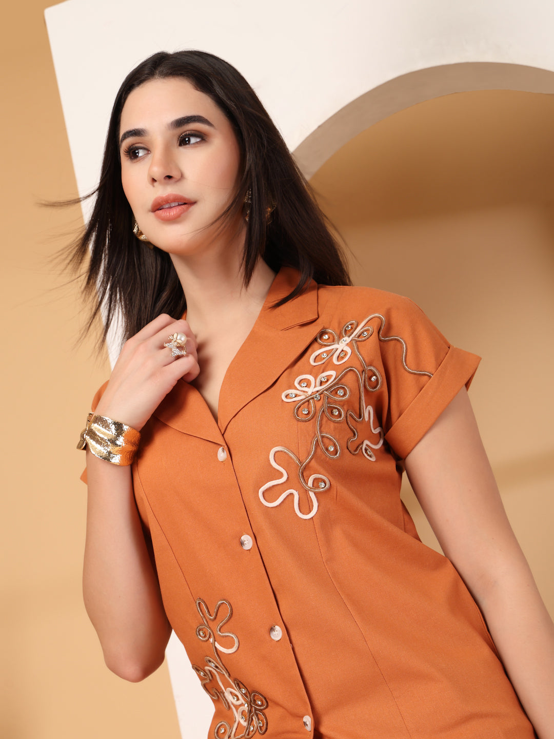 Thirty Threads Womens Beige Embroidered Lepal Neck Regular Co-Ord Set