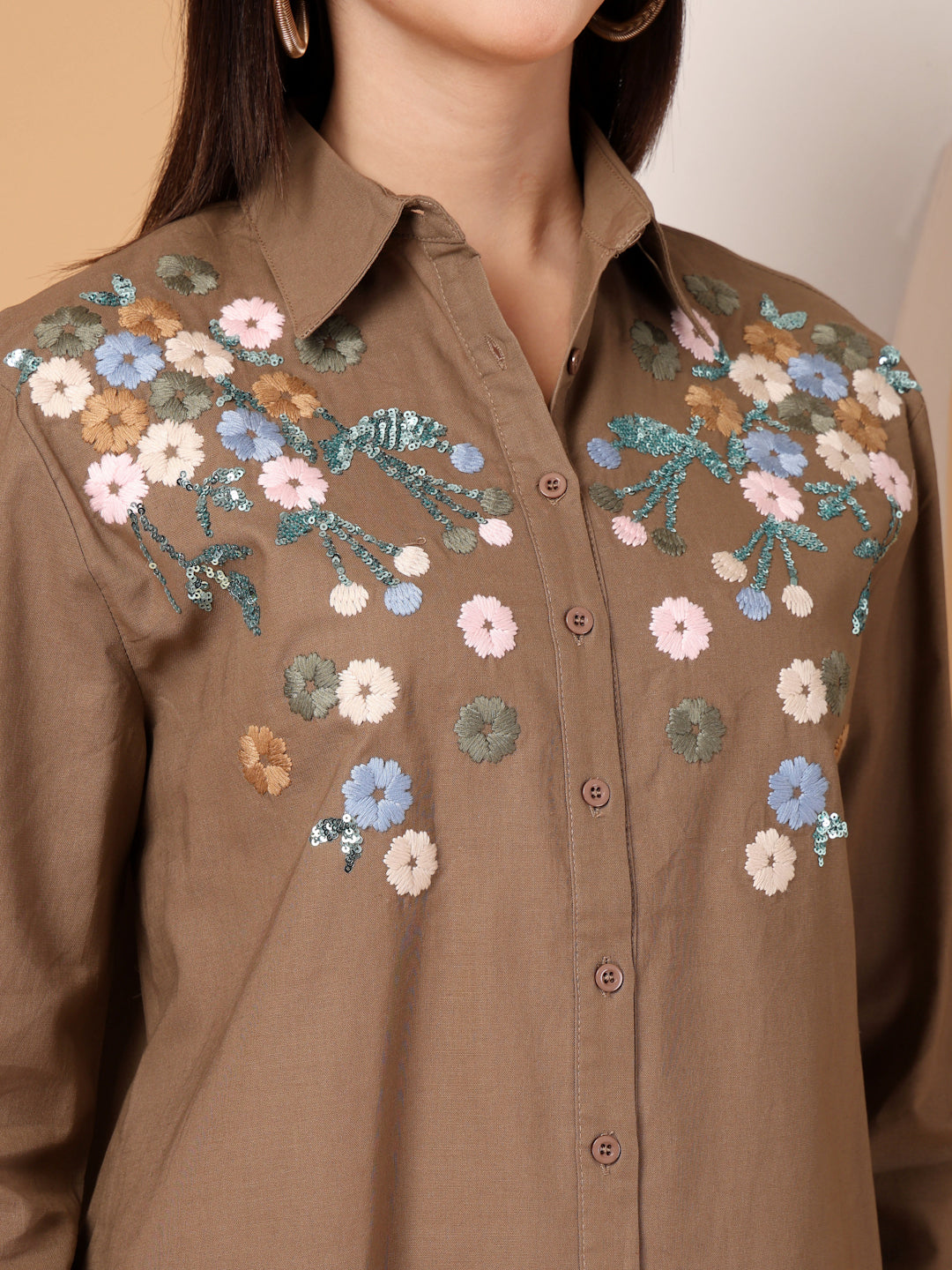 Thirty Threads Womens Brown Embroidered Collar Neck Regular Co-Ord Set