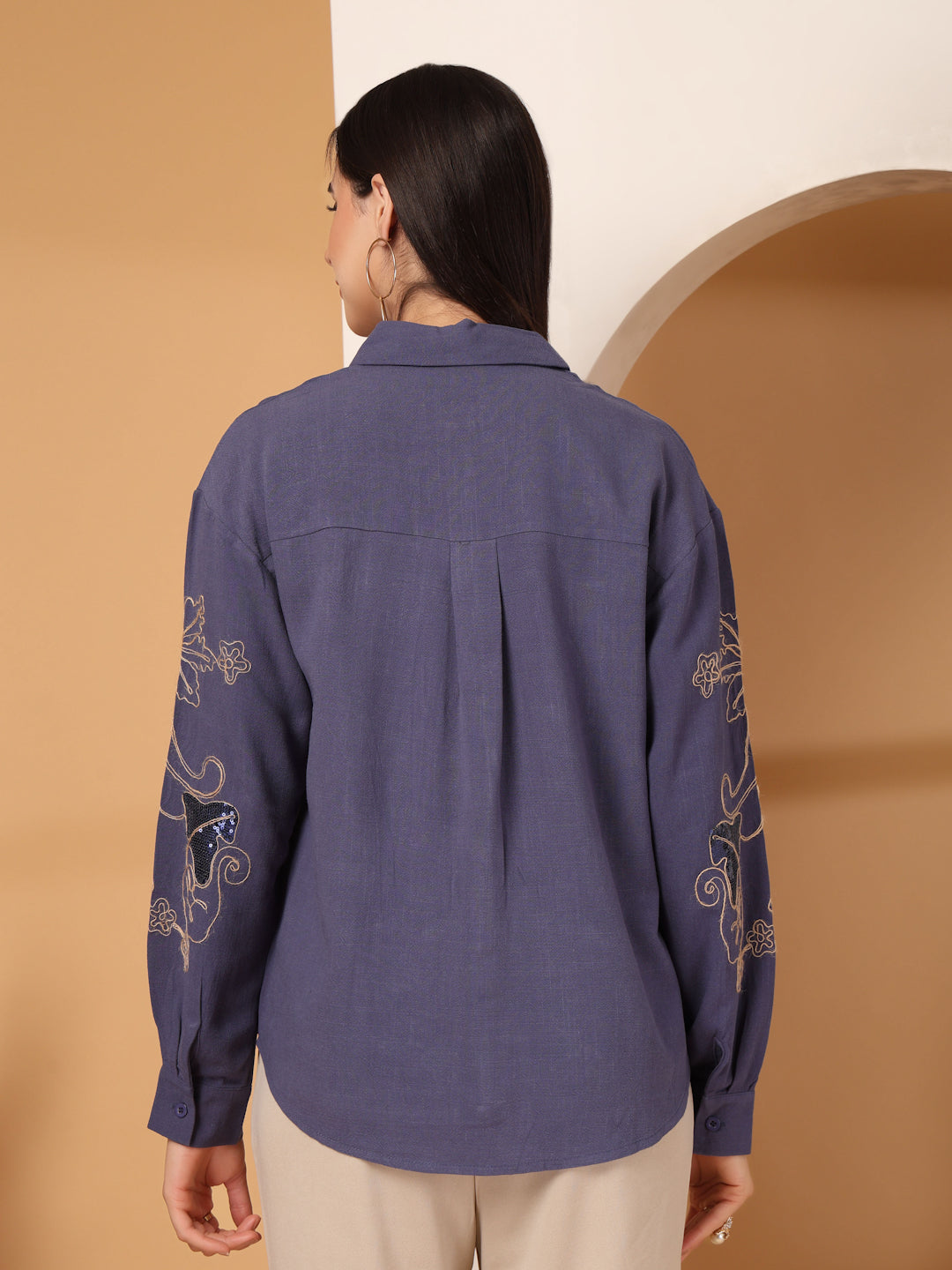 Thirty Threads Womens Beige Embellished Collar Neck Long Sleeve Regular Length