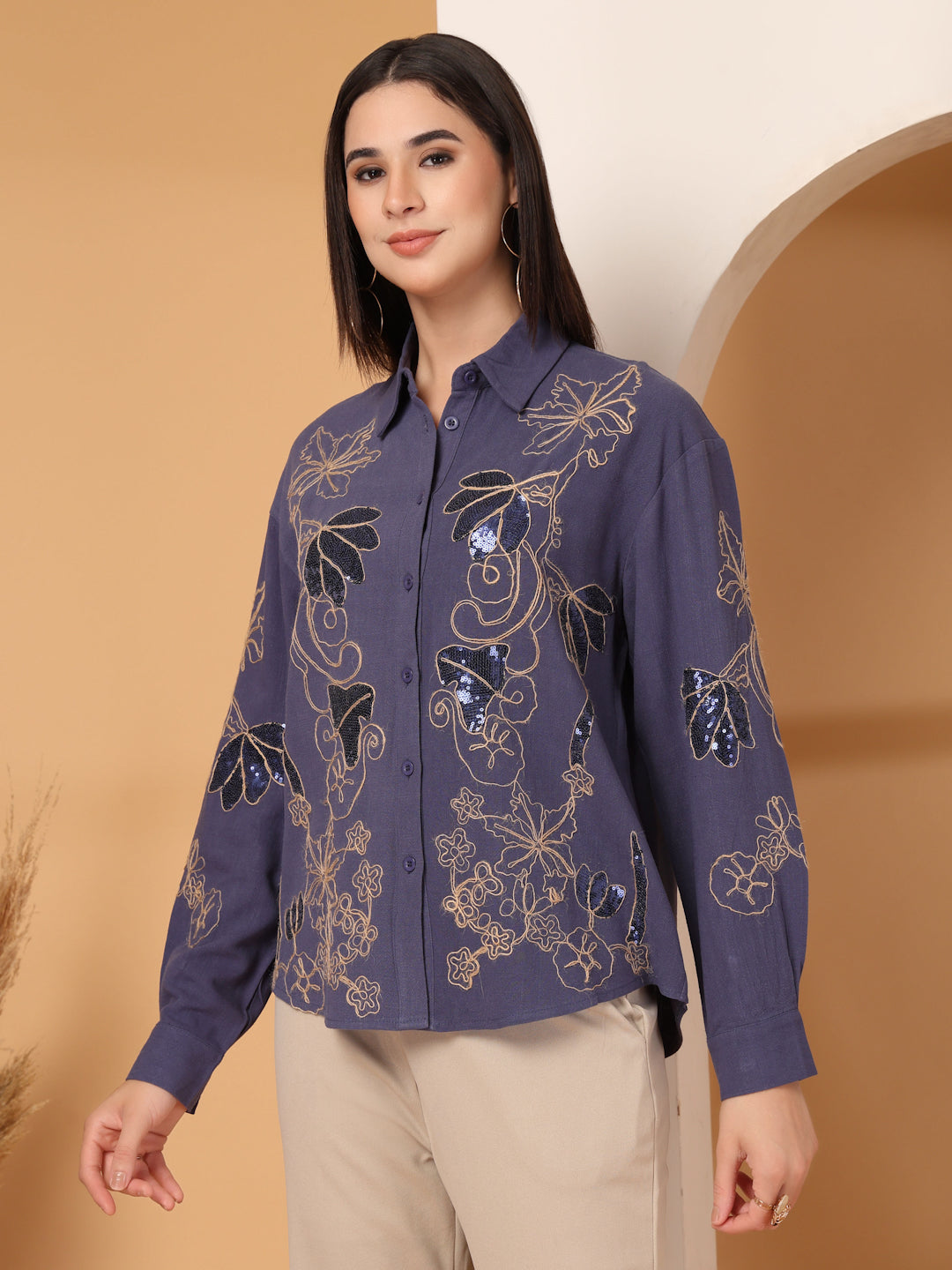 Thirty Threads Womens Beige Embellished Collar Neck Long Sleeve Regular Length