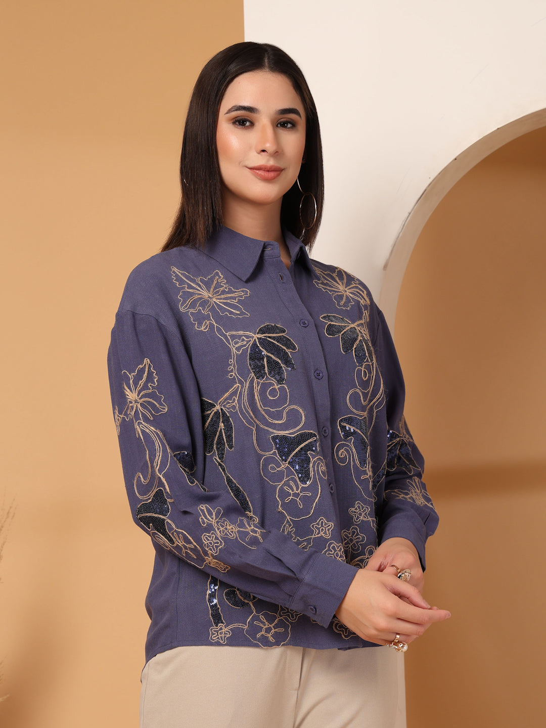 Thirty Threads Womens Beige Embellished Collar Neck Long Sleeve Regular Length