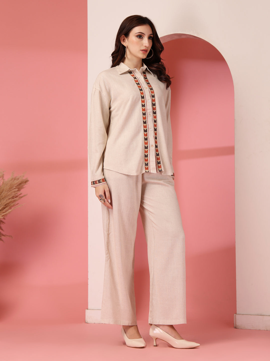 Thirty Threads Womens Beige Self Design Collar Neck Regular Co-Ord Set
