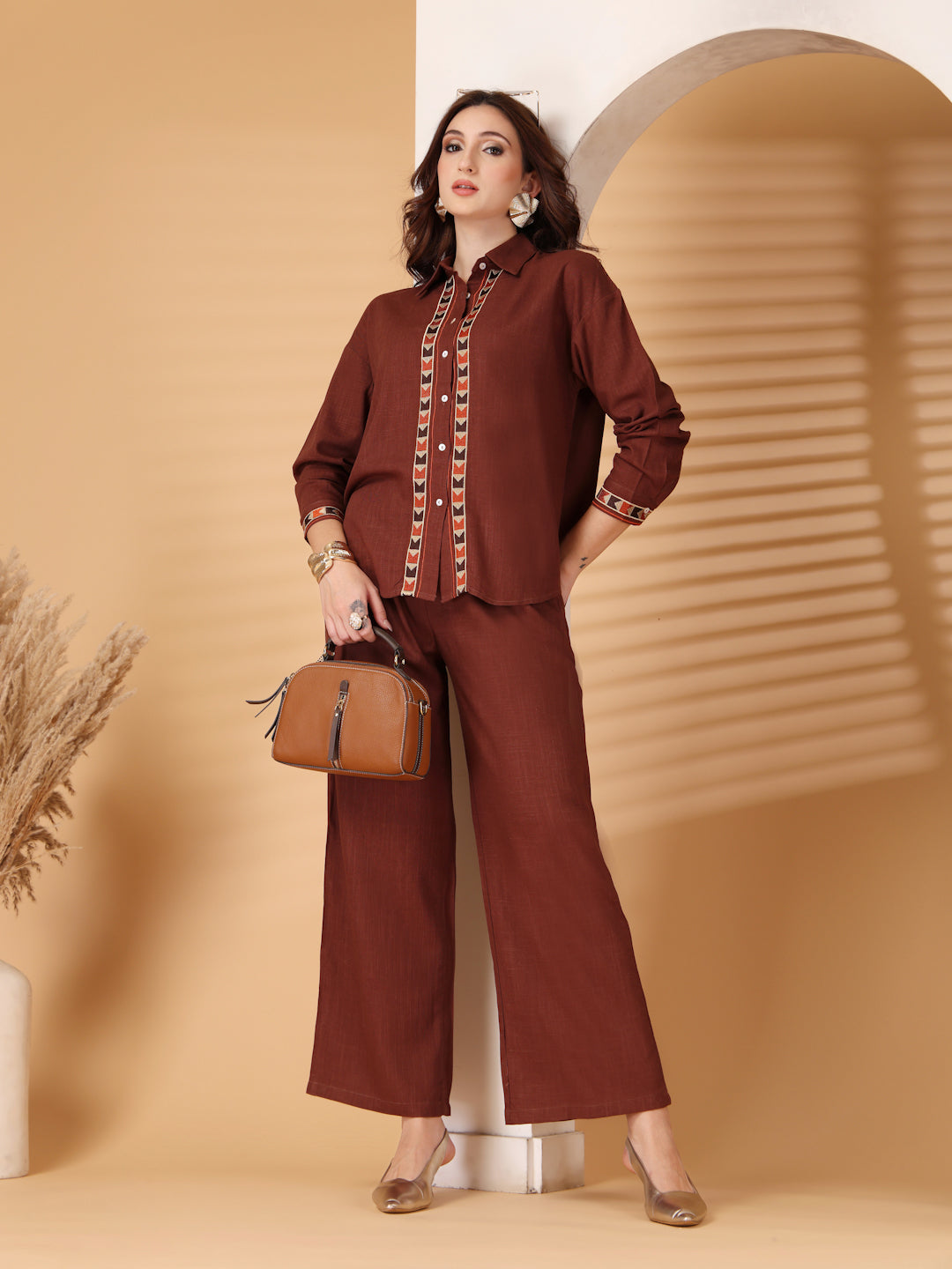 Thirty Threads Womens Coffee Brown Self Design Collar Neck Regular Co-Ord Set