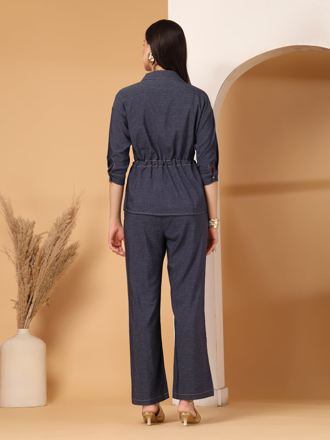 Thirty Threads Womens Denim Blue Solid Collar Neck Regular Co-Ord Set