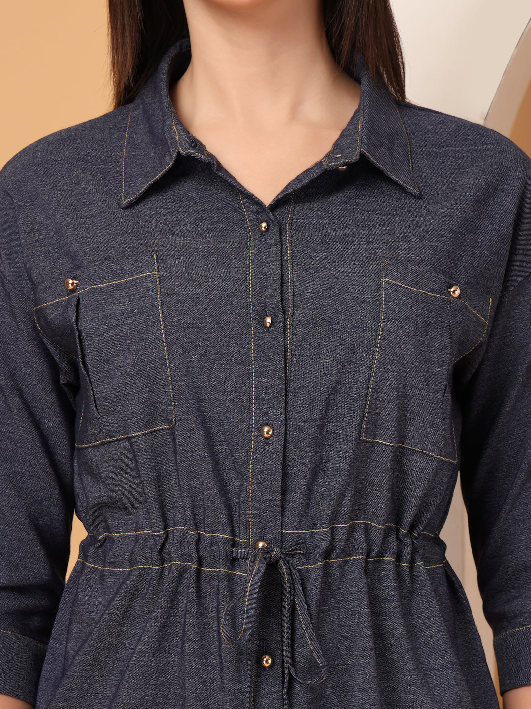 Thirty Threads Womens Denim Blue Solid Collar Neck Regular Co-Ord Set