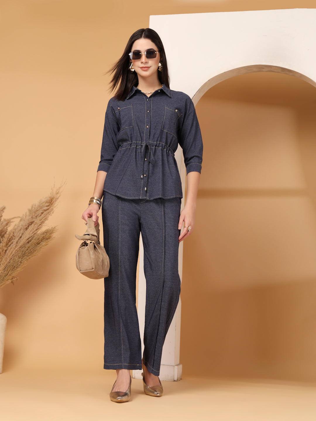 Thirty Threads Womens Denim Blue Solid Collar Neck Regular Co-Ord Set
