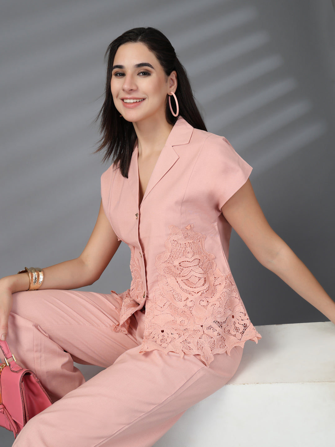 Thirty Threads Womens Pink Embroidered Collar Neck Regular Co-Ord Set