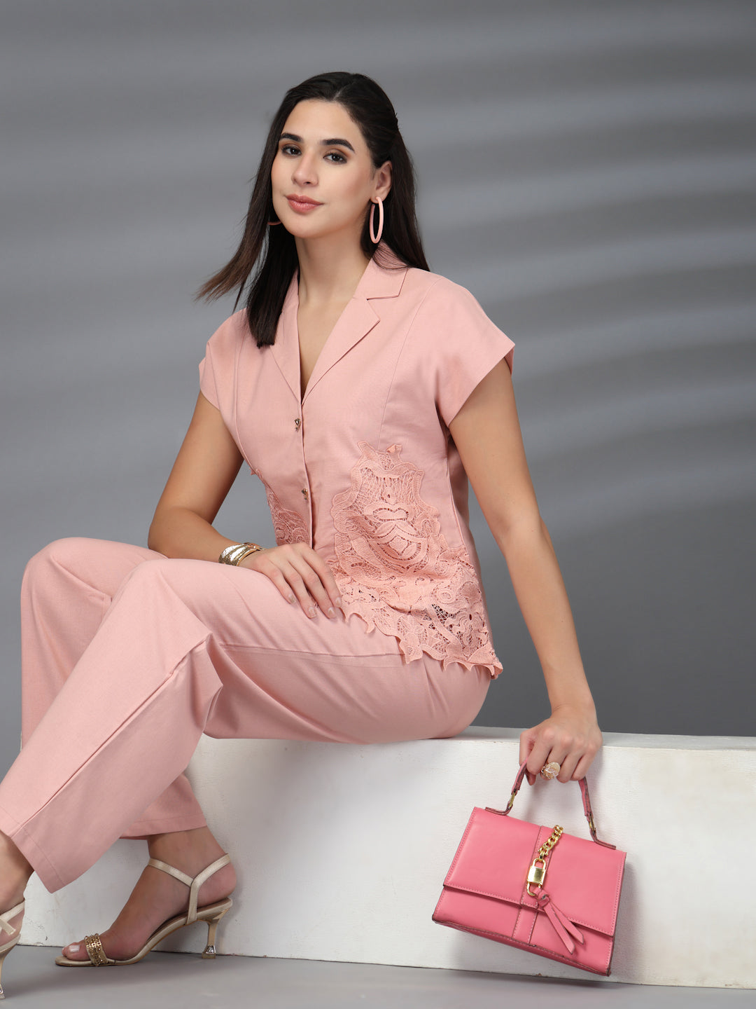 Thirty Threads Womens Pink Embroidered Collar Neck Regular Co-Ord Set