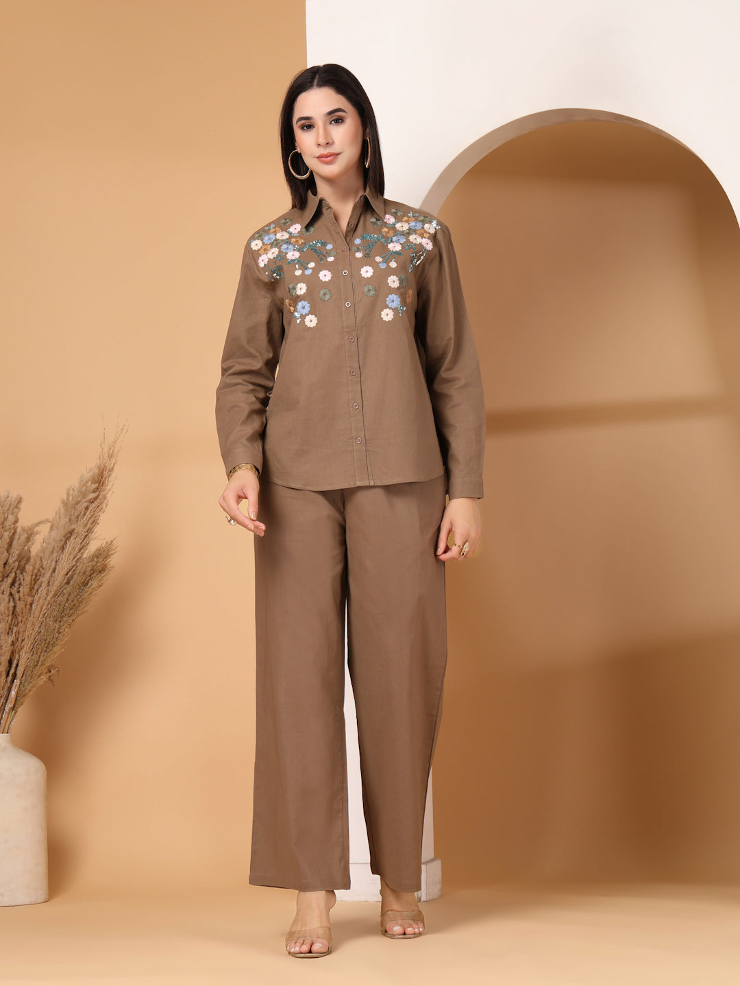 Thirty Threads Womens Brown Embroidered Collar Neck Regular Co-Ord Set
