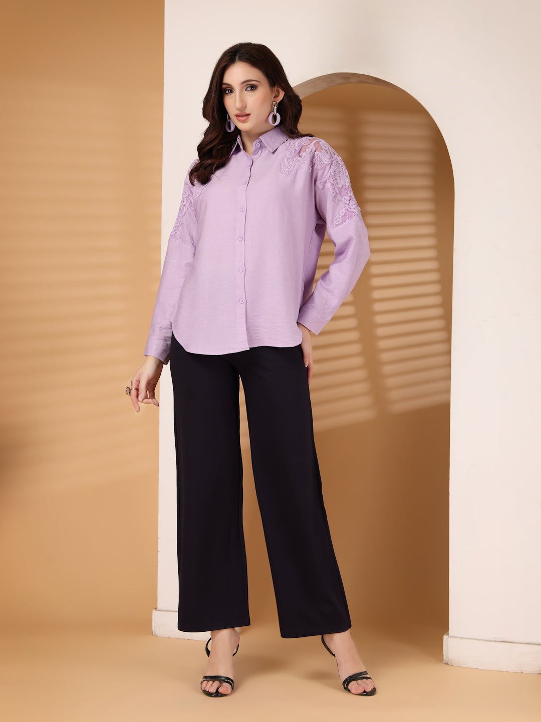 Thirty Threads Womens Lavender Self Design Collar Neck Long Sleeve Regular Length Shirt