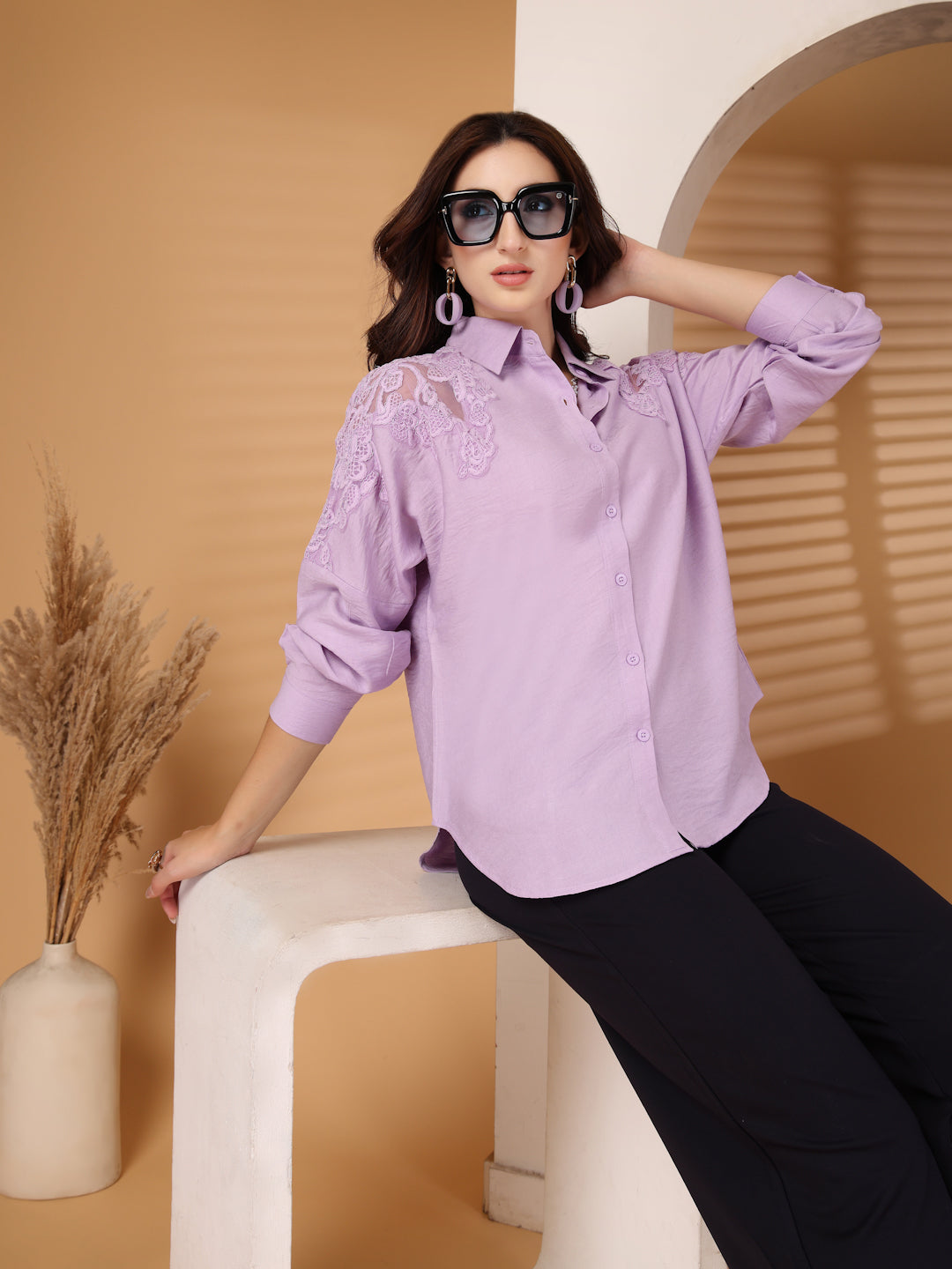 Thirty Threads Womens Lavender Self Design Collar Neck Long Sleeve Regular Length Shirt