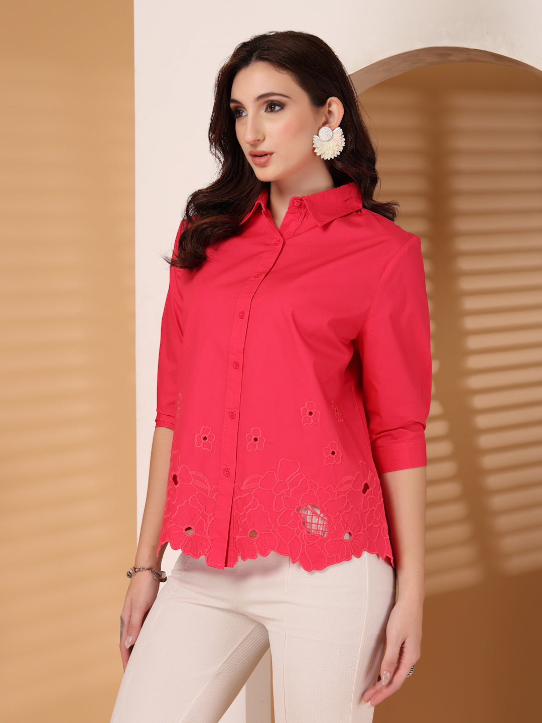 Thirty Threads Womens Raspberry Floral Self Design Collar Neck 3/4 Sleeve Regular Length Shirt
