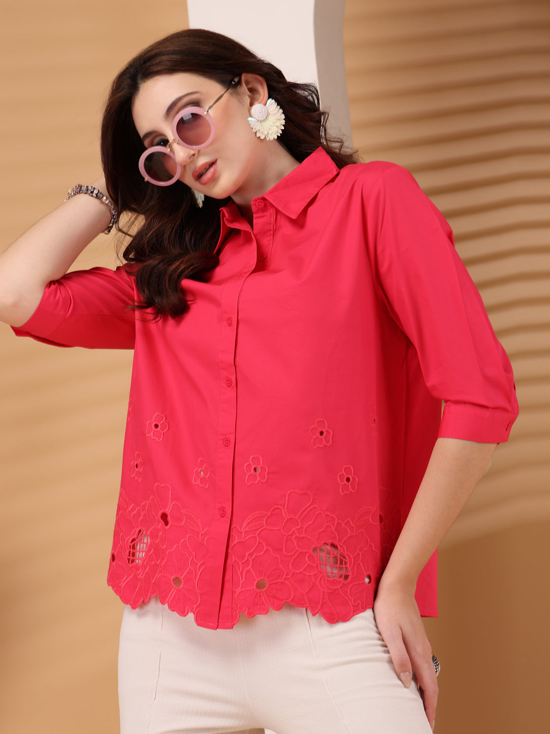 Thirty Threads Womens Raspberry Floral Self Design Collar Neck 3/4 Sleeve Regular Length Shirt