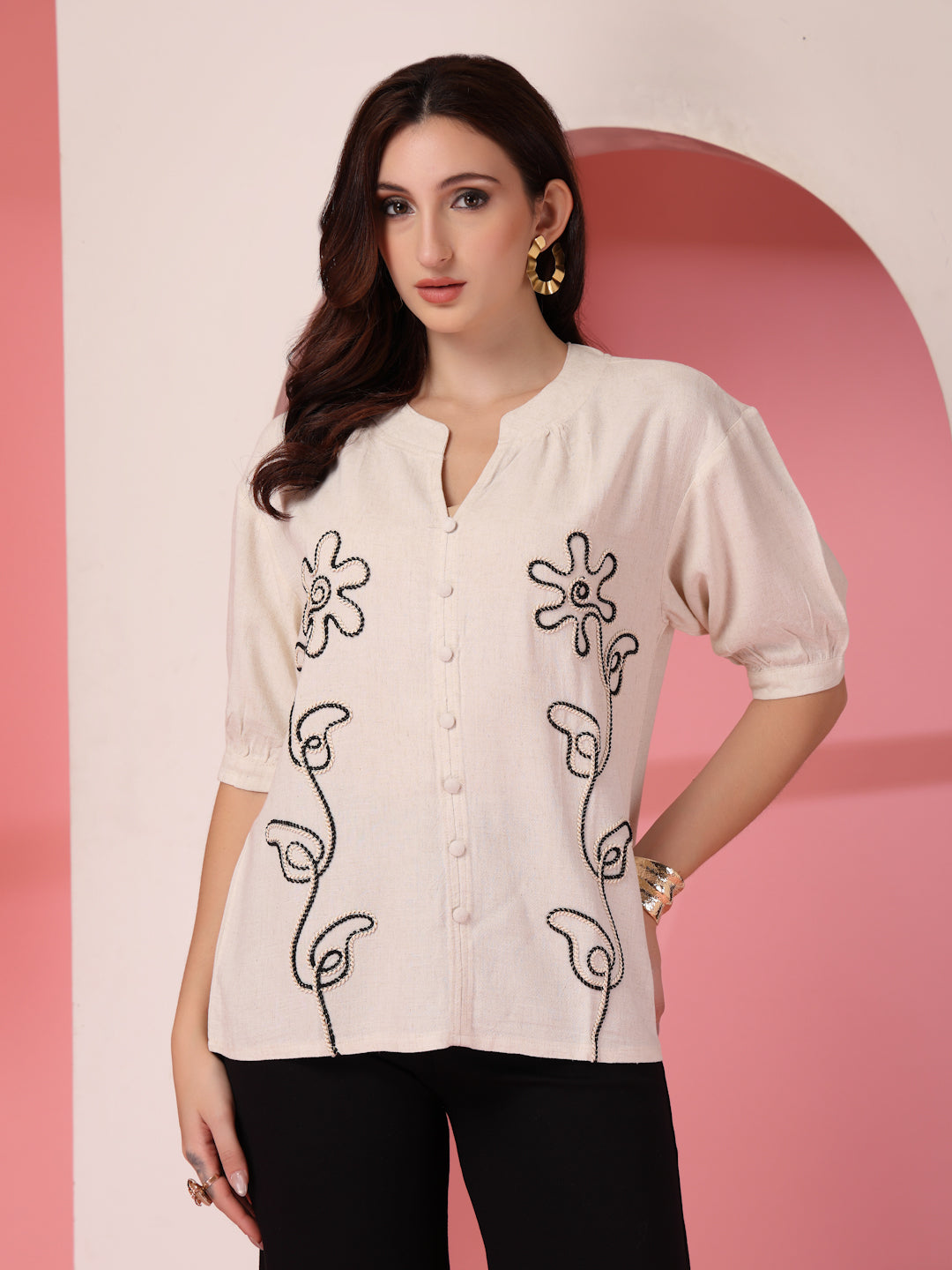 Thirty Threads Womens Beige Emboirered V-Neck Neck 3/4 Sleeve Regular Length Shirt