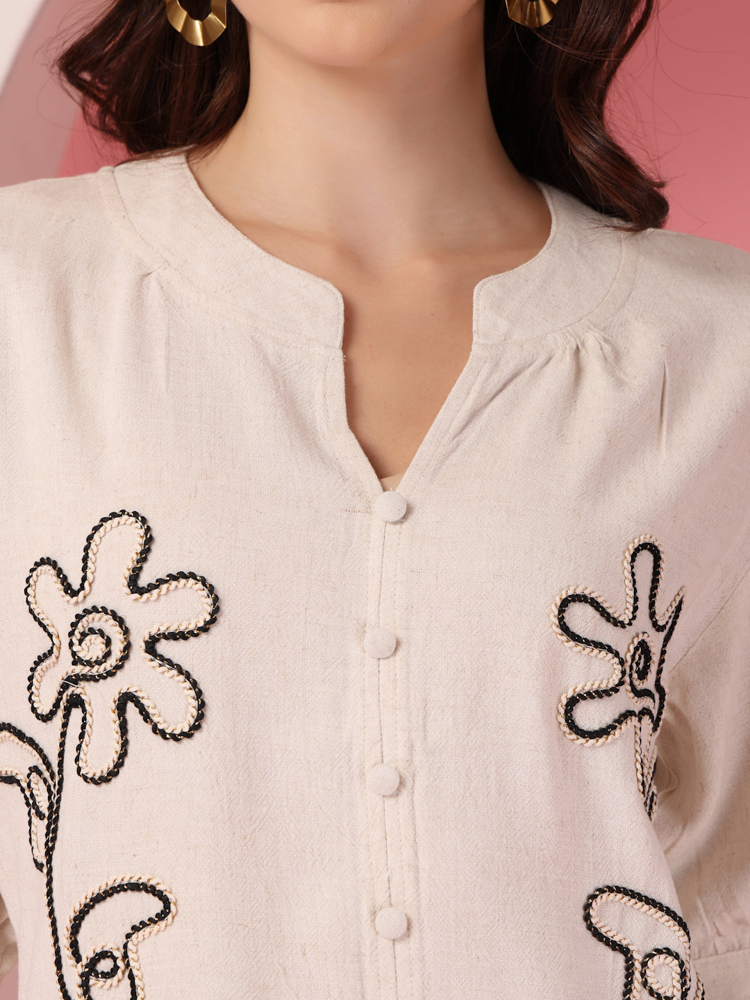 Thirty Threads Womens Beige Emboirered V-Neck Neck 3/4 Sleeve Regular Length Shirt