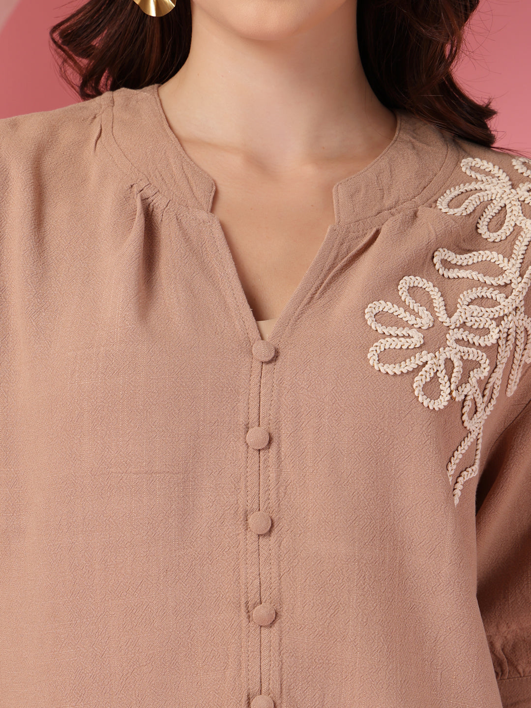 Thirty Threads Womens Khakhi Emboirered V-Neck Neck 3/4 Sleeve Regular Length Shirt