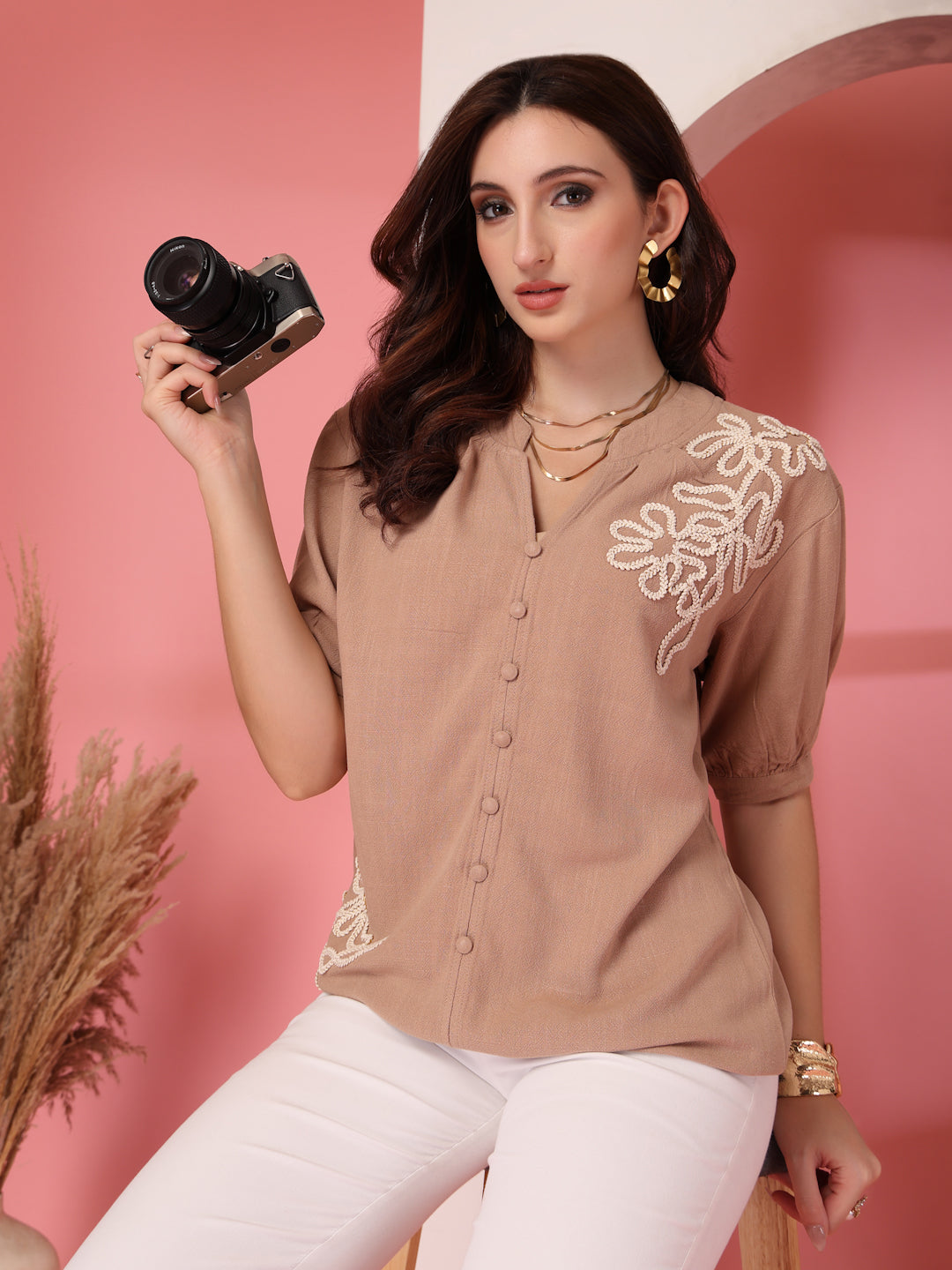 Thirty Threads Womens Khakhi Emboirered V-Neck Neck 3/4 Sleeve Regular Length Shirt