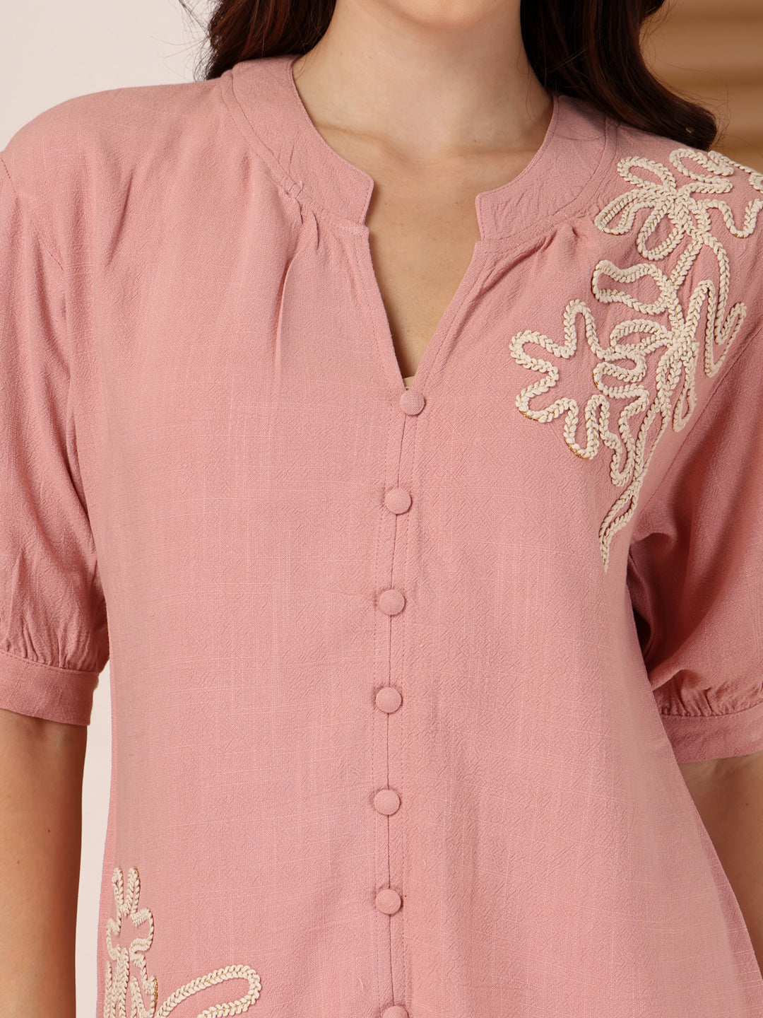 Thirty Threads Womens Pink Emboirered V-Neck Neck 3/4 Sleeve Regular Length Shirt
