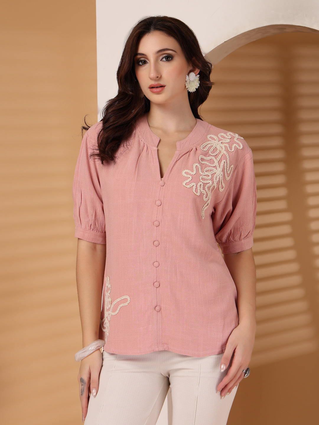 Thirty Threads Womens Pink Emboirered V-Neck Neck 3/4 Sleeve Regular Length Shirt
