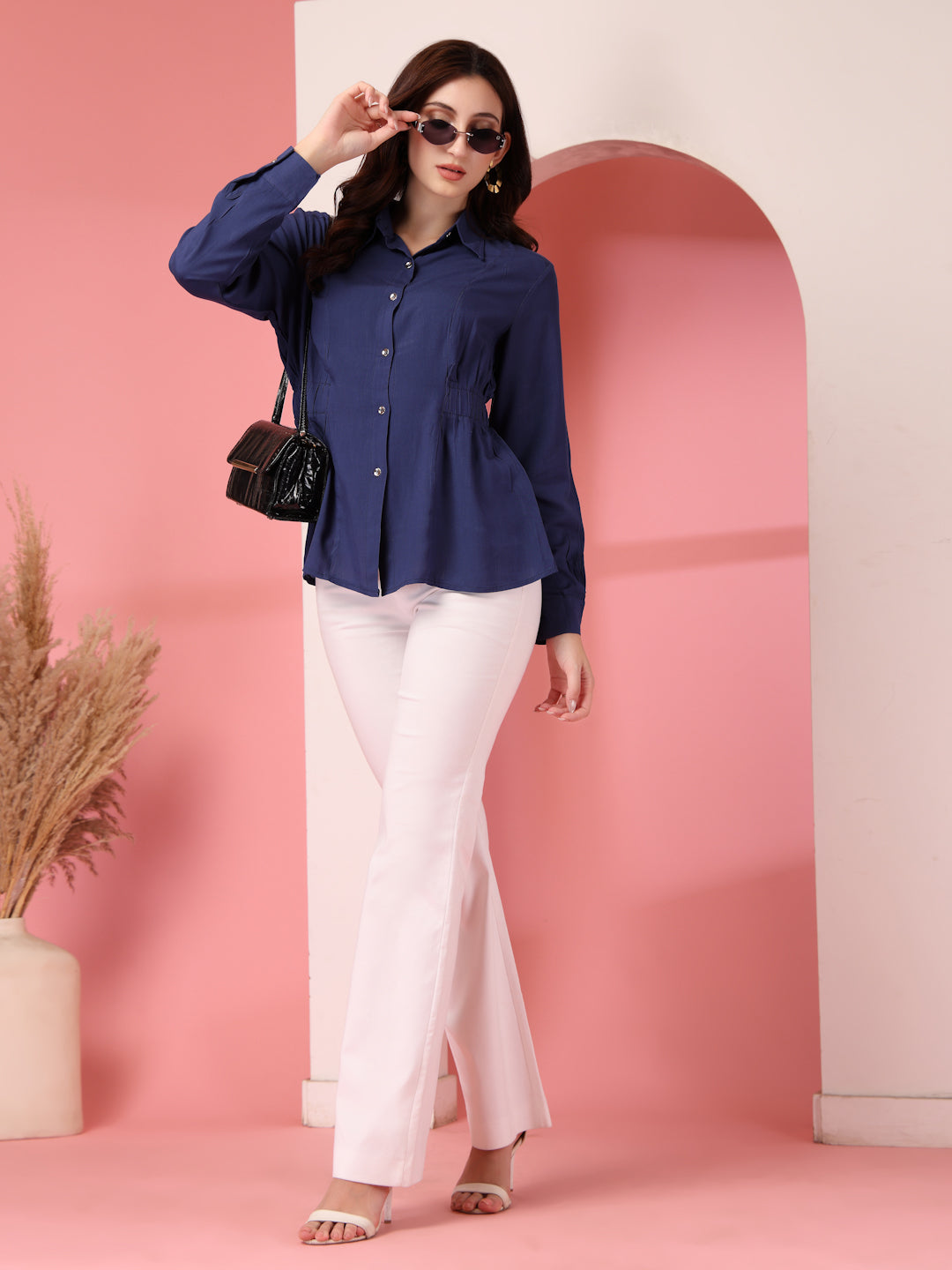 Thirty Threads Womens Navy Blue Solid Collar Neck Long Sleeve Regular Length Shirt